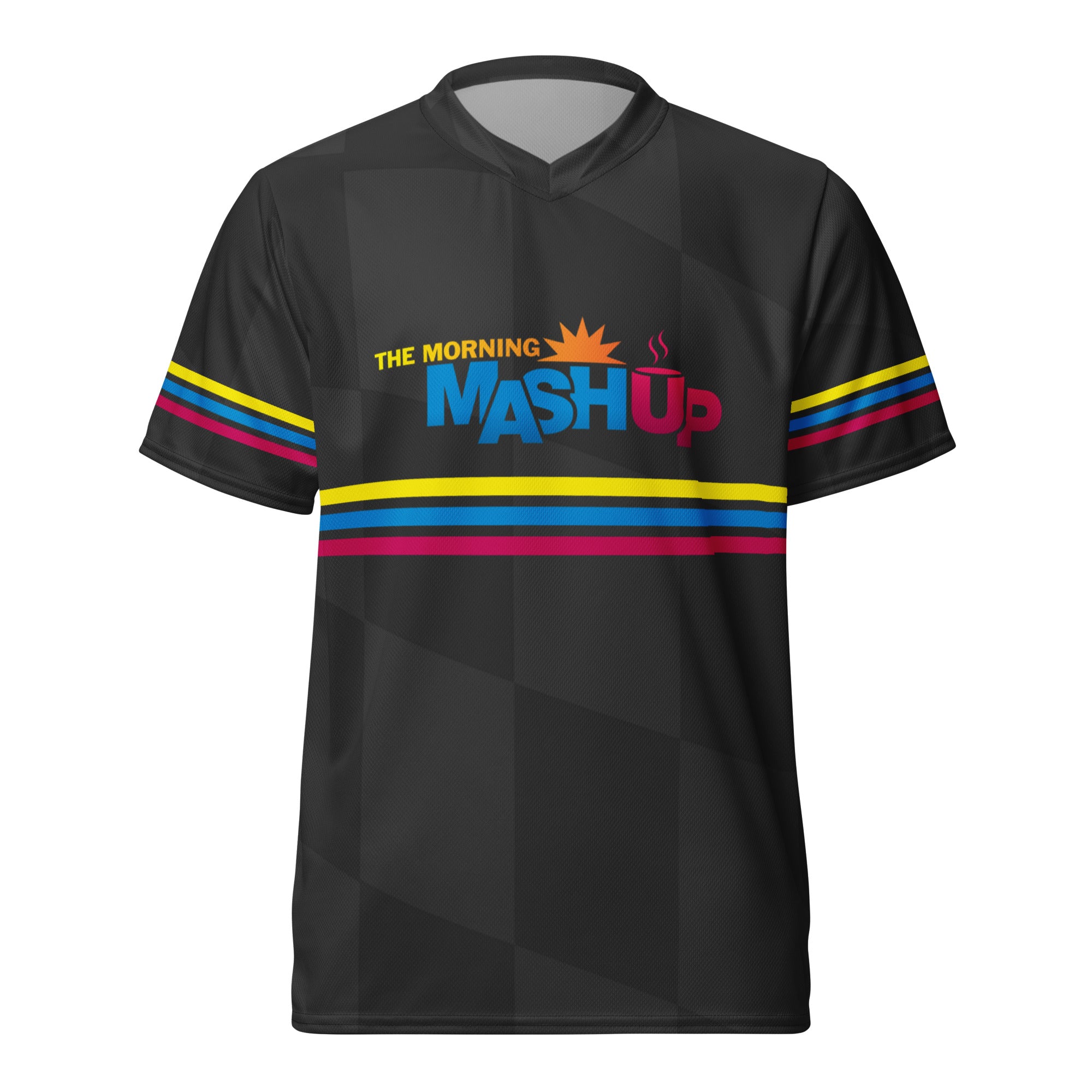 A short sleeve black jersey against a white background. The black sports jersey features colorful horizontal stripes on the sleeves and front. The front of the unisex jersey features 'THE MORNING MASH UP' logo.