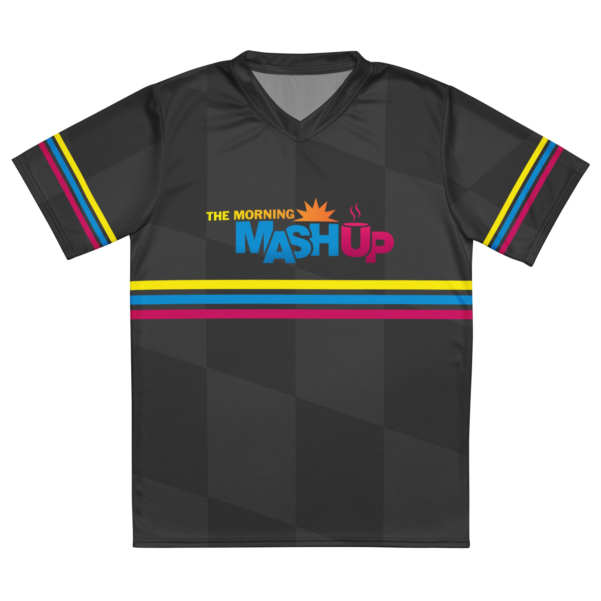 A short sleeve black jersey laying flat against a white surface. The v-neck black sports jersey features colorful horizontal stripes on the sleeves and front. The front of the unisex jersey features 'THE MORNING MASH UP' logo.