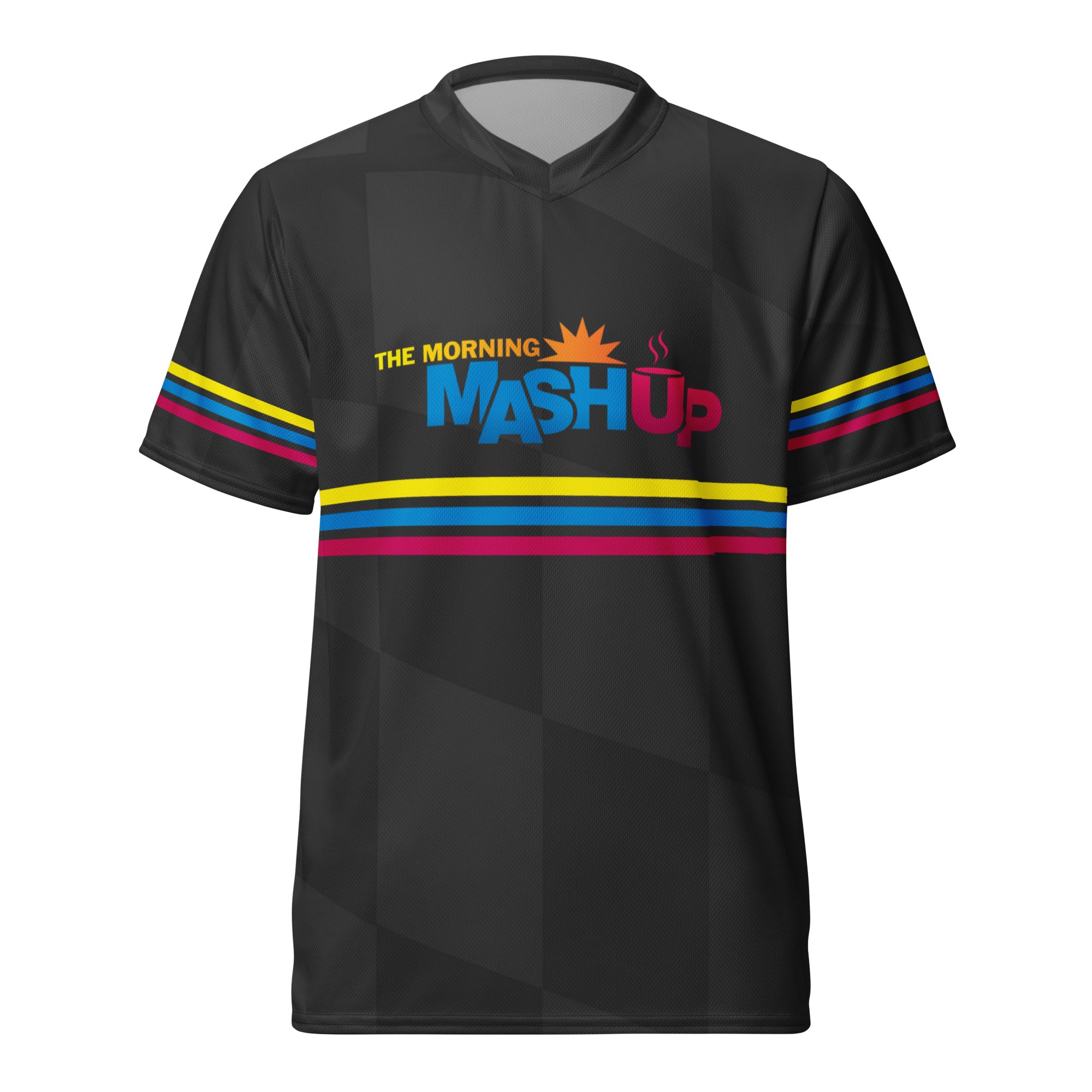 A short sleeve black jersey against a white background. The black sports jersey features colorful horizontal stripes on the sleeves and front. The front of the unisex jersey features 'THE MORNING MASH UP' logo.