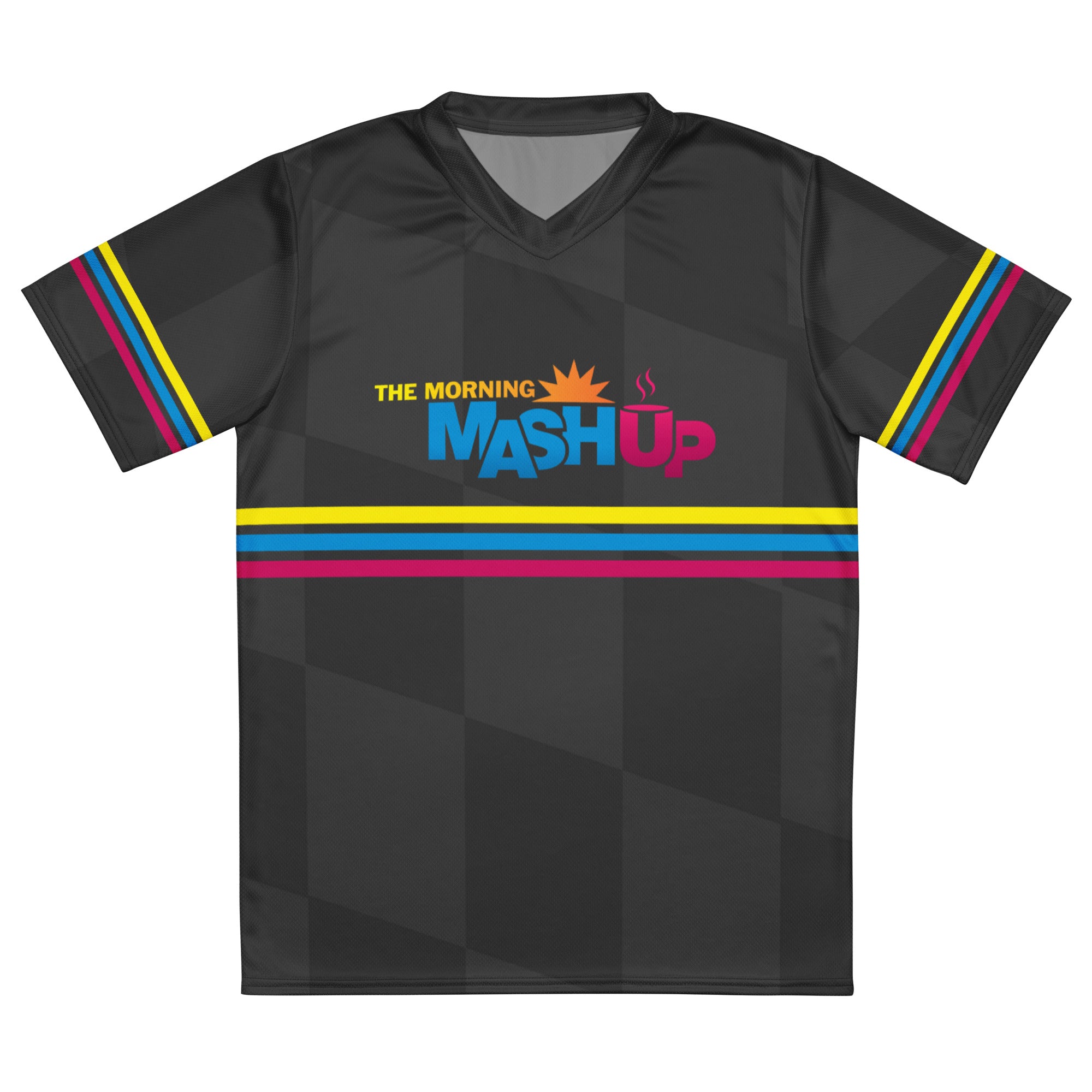 A short sleeve black jersey laying flat against a white surface. The v-neck black sports jersey features colorful horizontal stripes on the sleeves and front. The front of the unisex jersey features 'THE MORNING MASH UP' logo with sunbeam and coffee mug imagery.