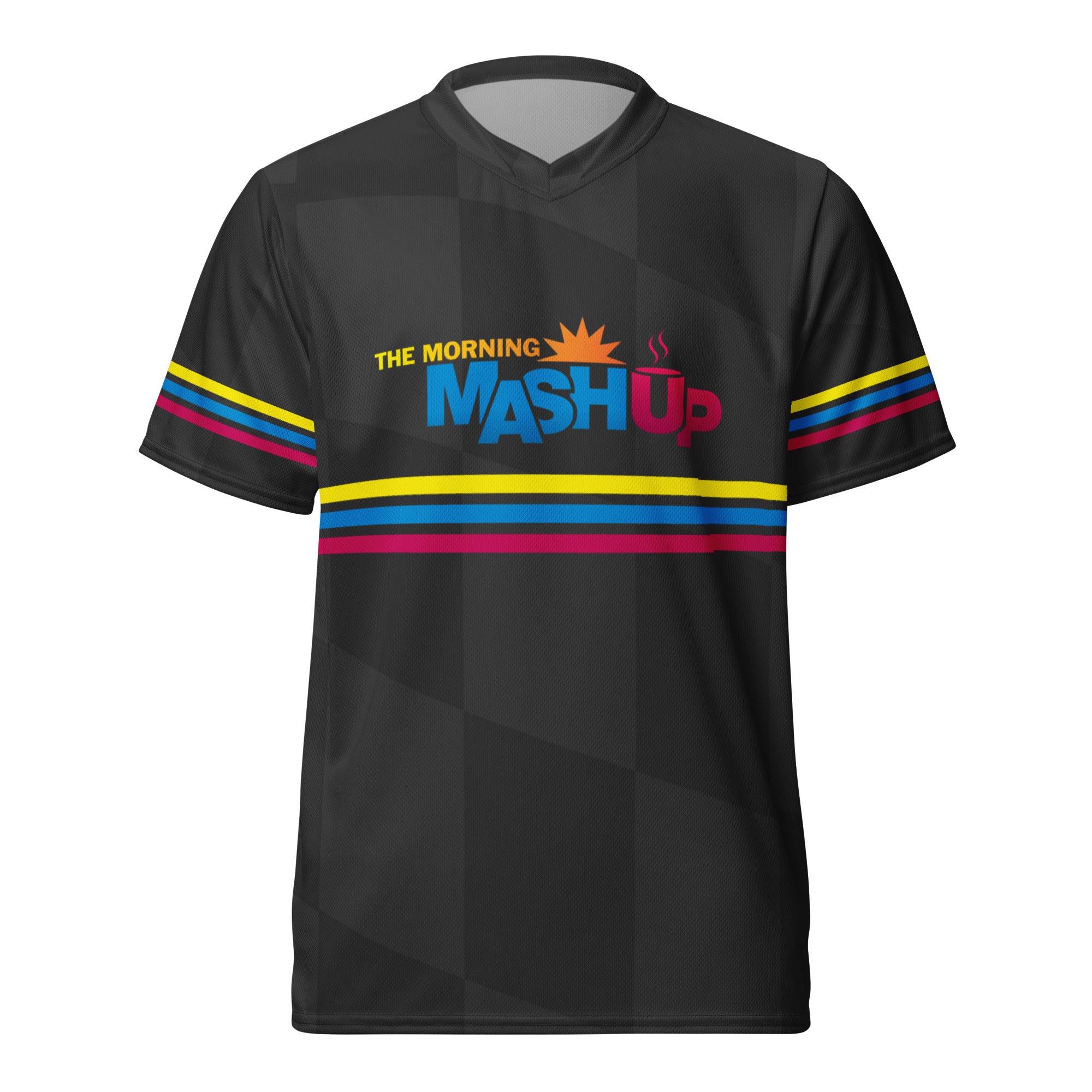 A short sleeve black jersey against a white background. The v-neck black sports jersey features colorful horizontal stripes on the sleeves and front. The front of the unisex jersey features 'THE MORNING MASH UP' logo.