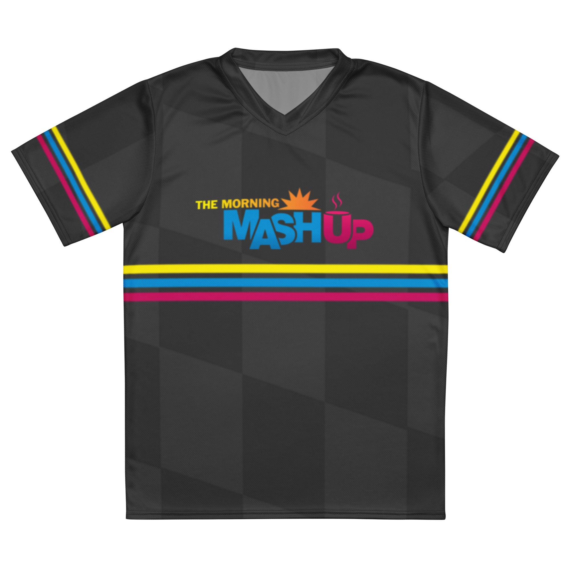 A short-sleeved black jersey against laid out flat on a white surface. The v-neck black sports jersey features colorful horizontal stripes on the sleeves and front. The front of the unisex jersey features 'THE MORNING MASH UP' logo.