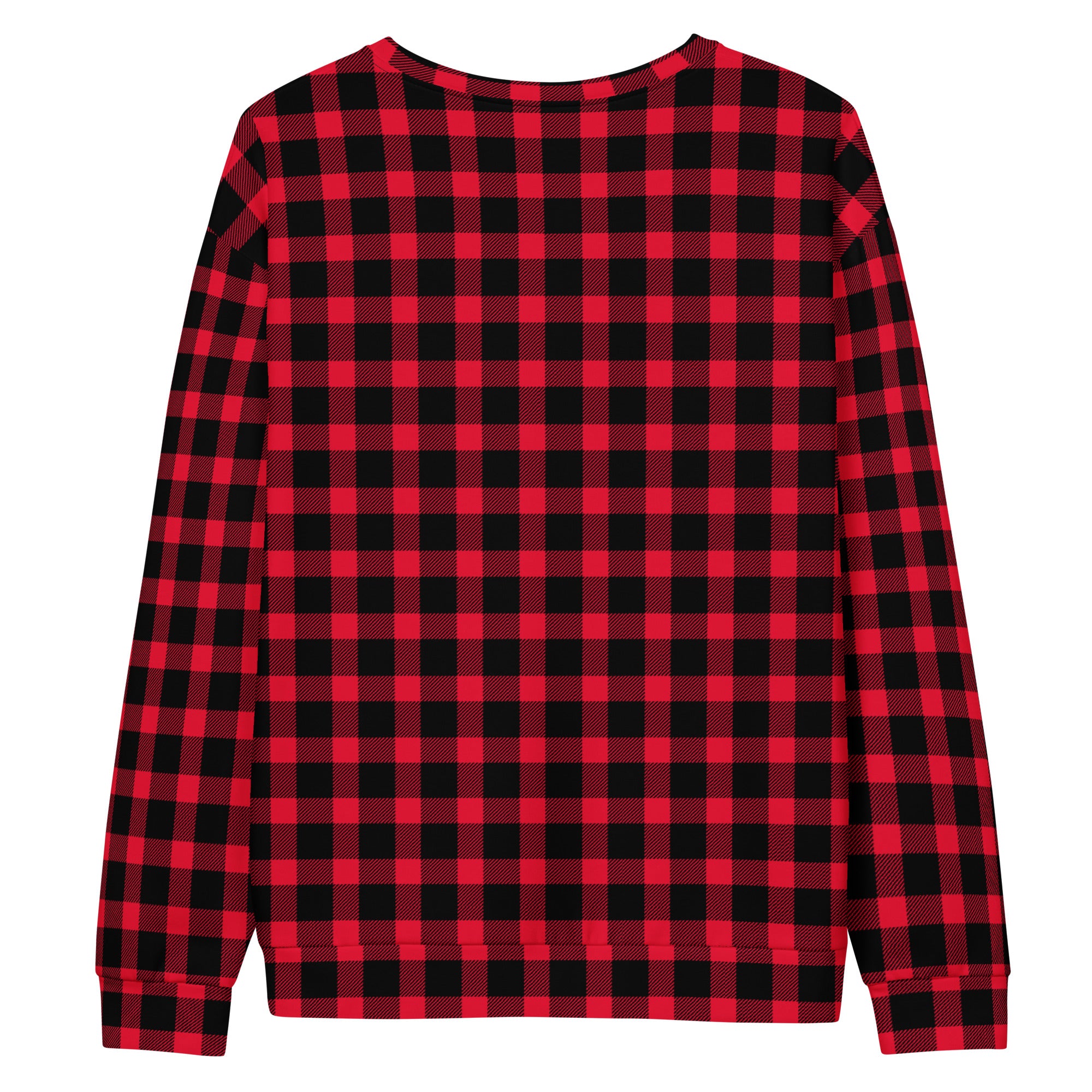 Red and black plaid long-sleeve shirt, viewed from the back.