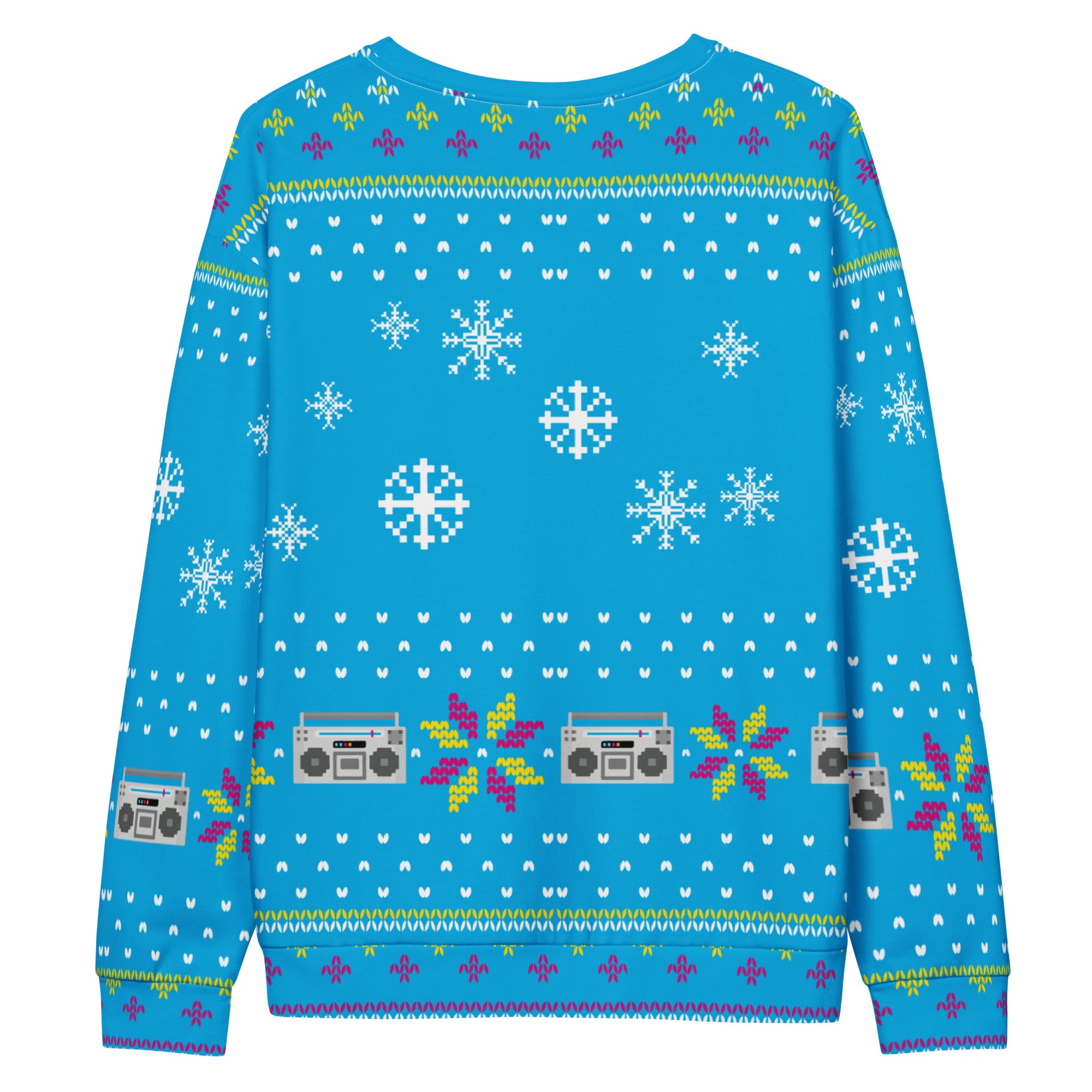 Blue sweater with festive patterns, including snowflakes and boombox designs. Suitable for holiday celebrations.