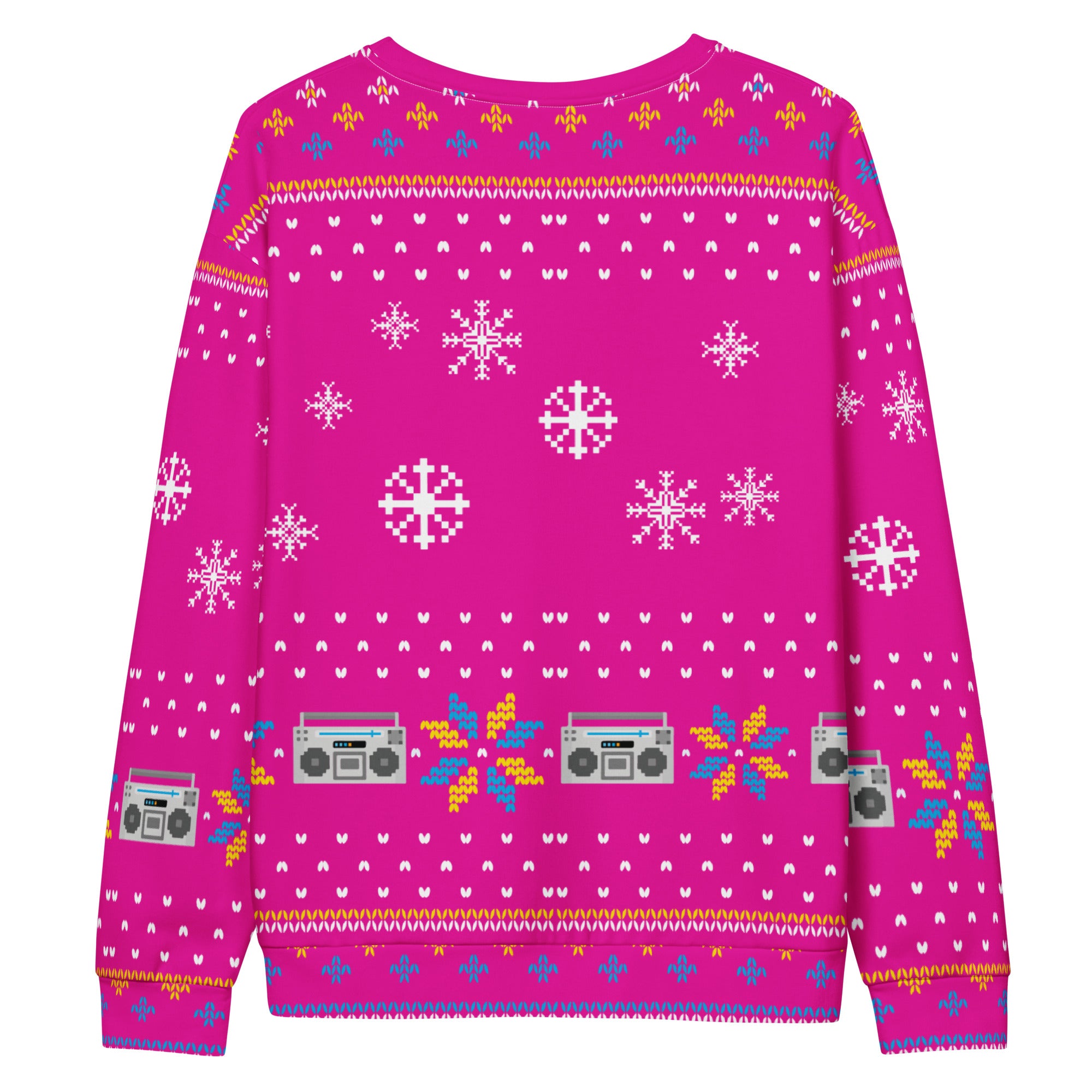 Pink holiday sweater featuring '80s-on-8' logo.