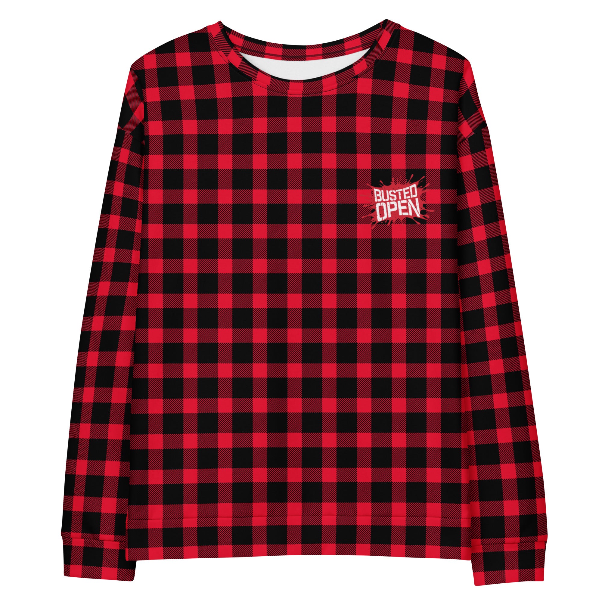 Red and black checkered long-sleeve shirt with a 'Busted Open' logo on the chest.