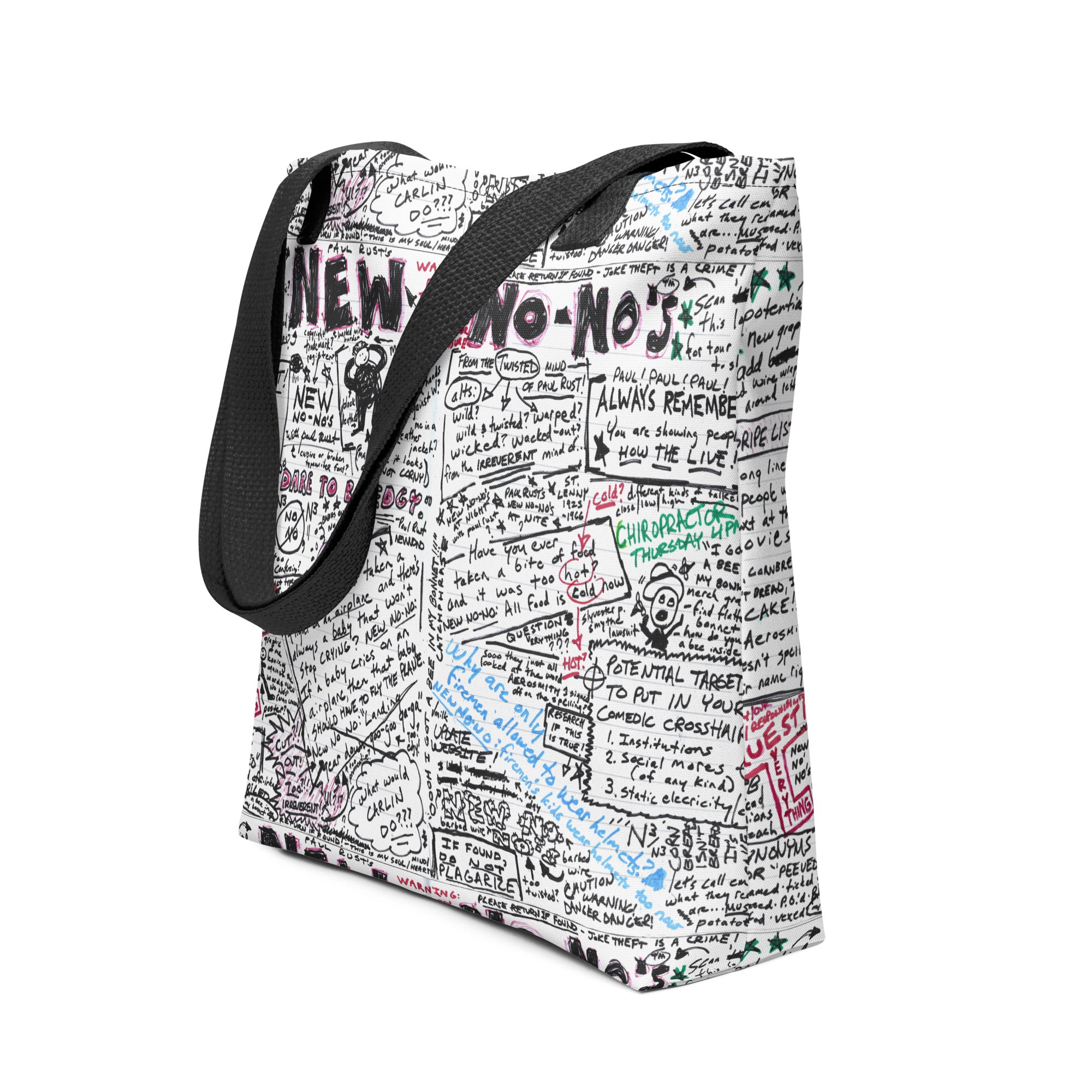 Tote bag featuring hand-drawn notes, doodles, and text labeled 'NEW NO-NOs' in a chaotic design, angled to the right.