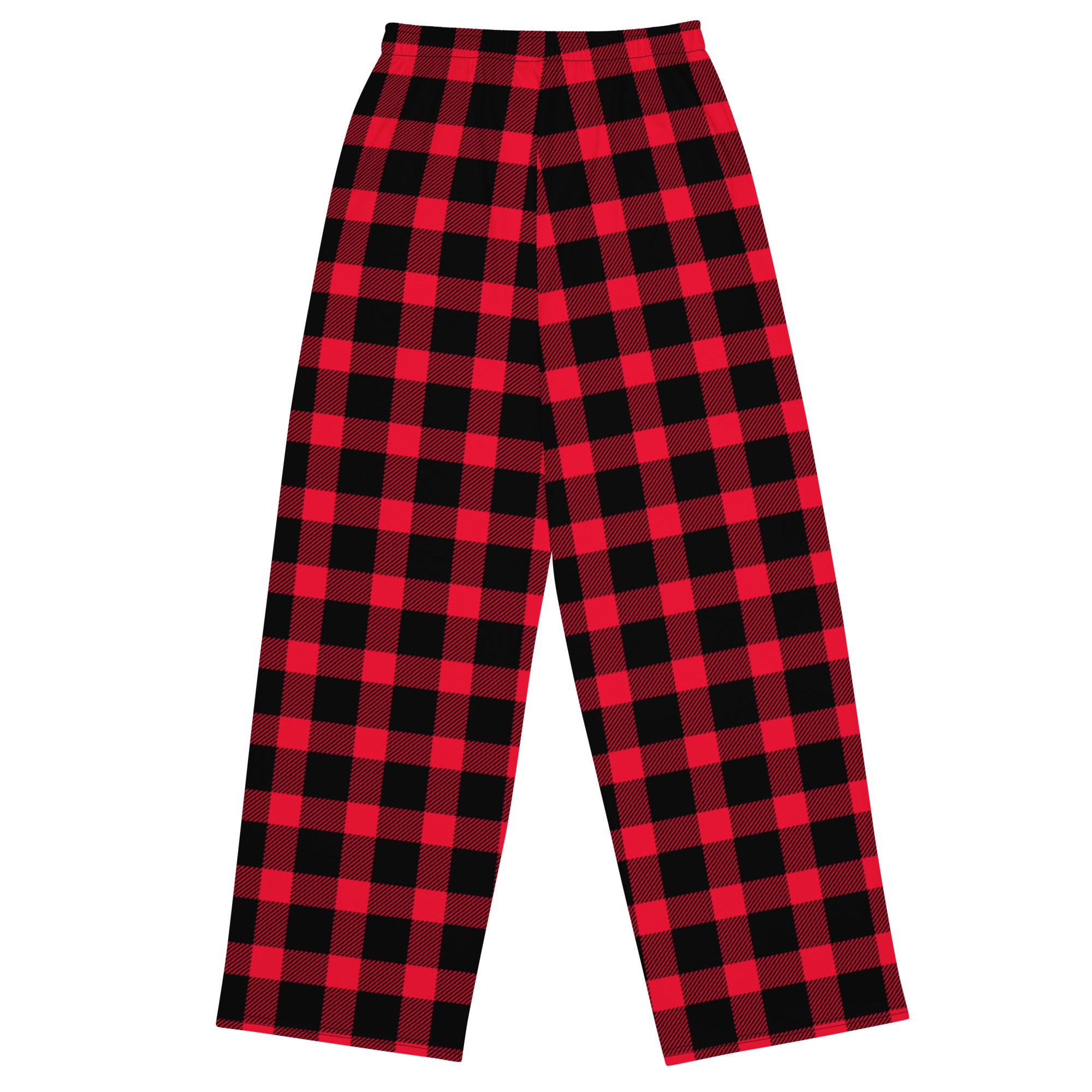 Red and black plaid wide-leg pants on a white background.