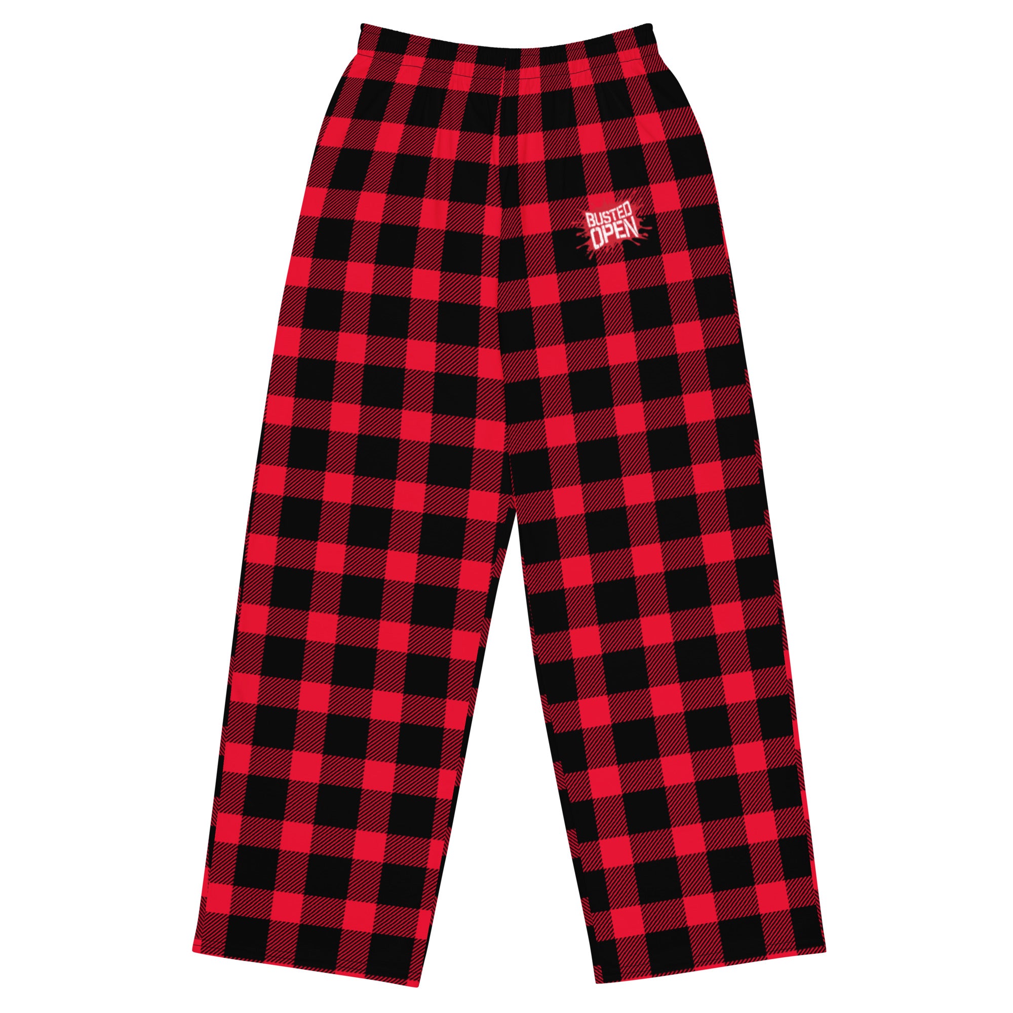 Red and black checkered pants with the text 'BUSTED OPEN' on the front left thigh.