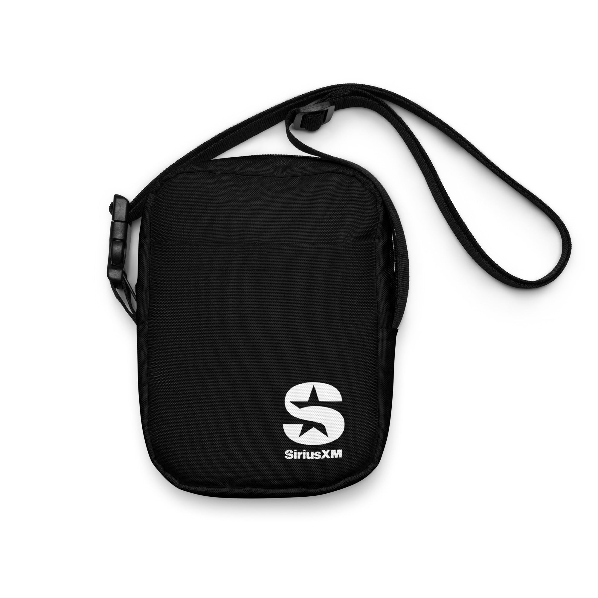 Black, mini messenger bag with a white 'SiriusXM' logo on the front and an adjustable shoulder strap.