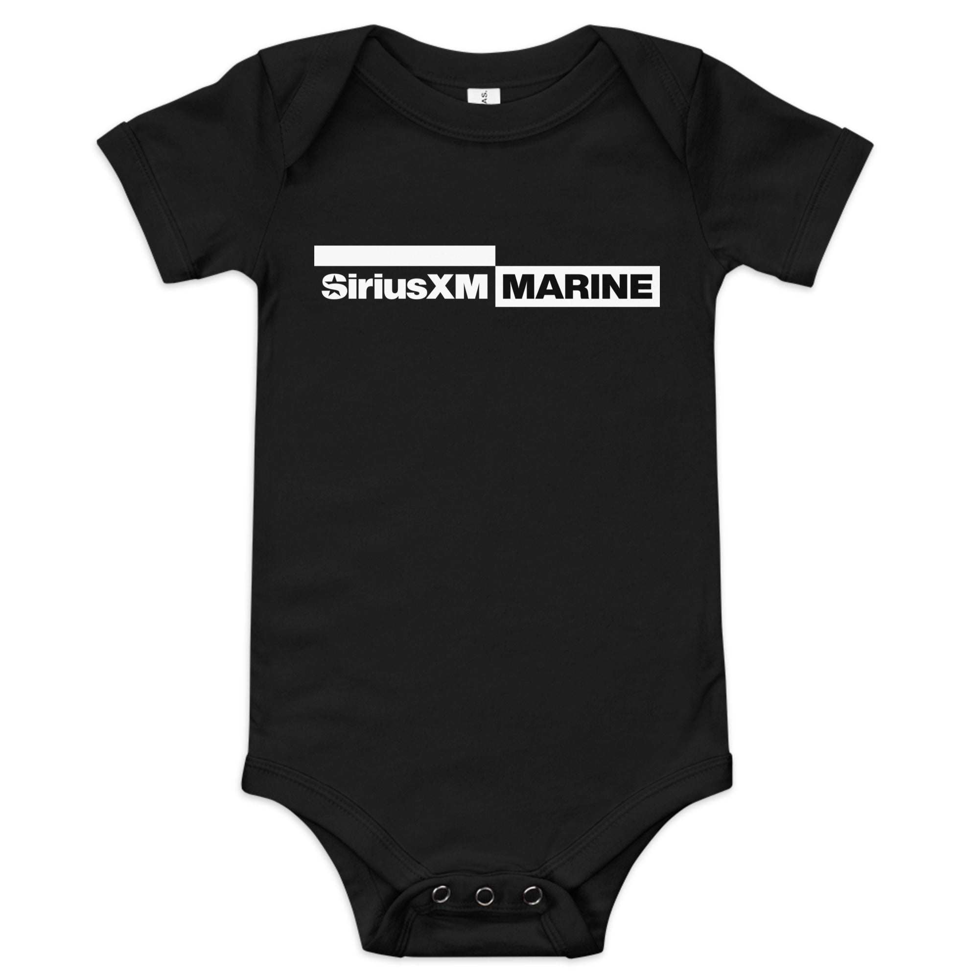 Black baby onesie featuring 'SiriusXM MARINE' logo in white.