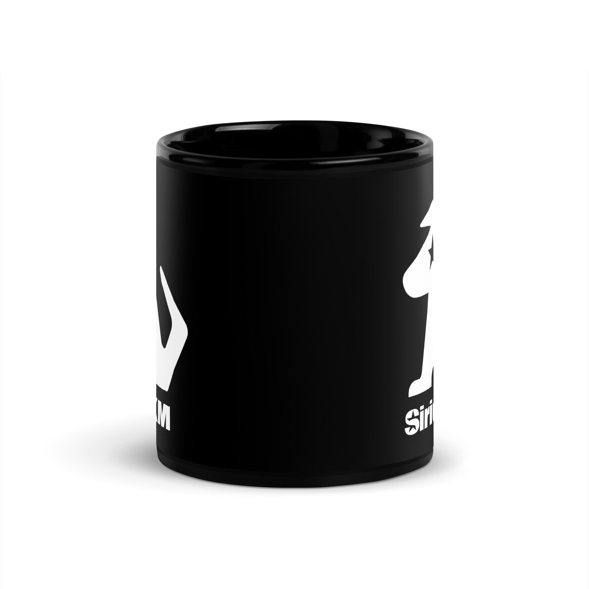 Black ceramic mug. View opposite handle.