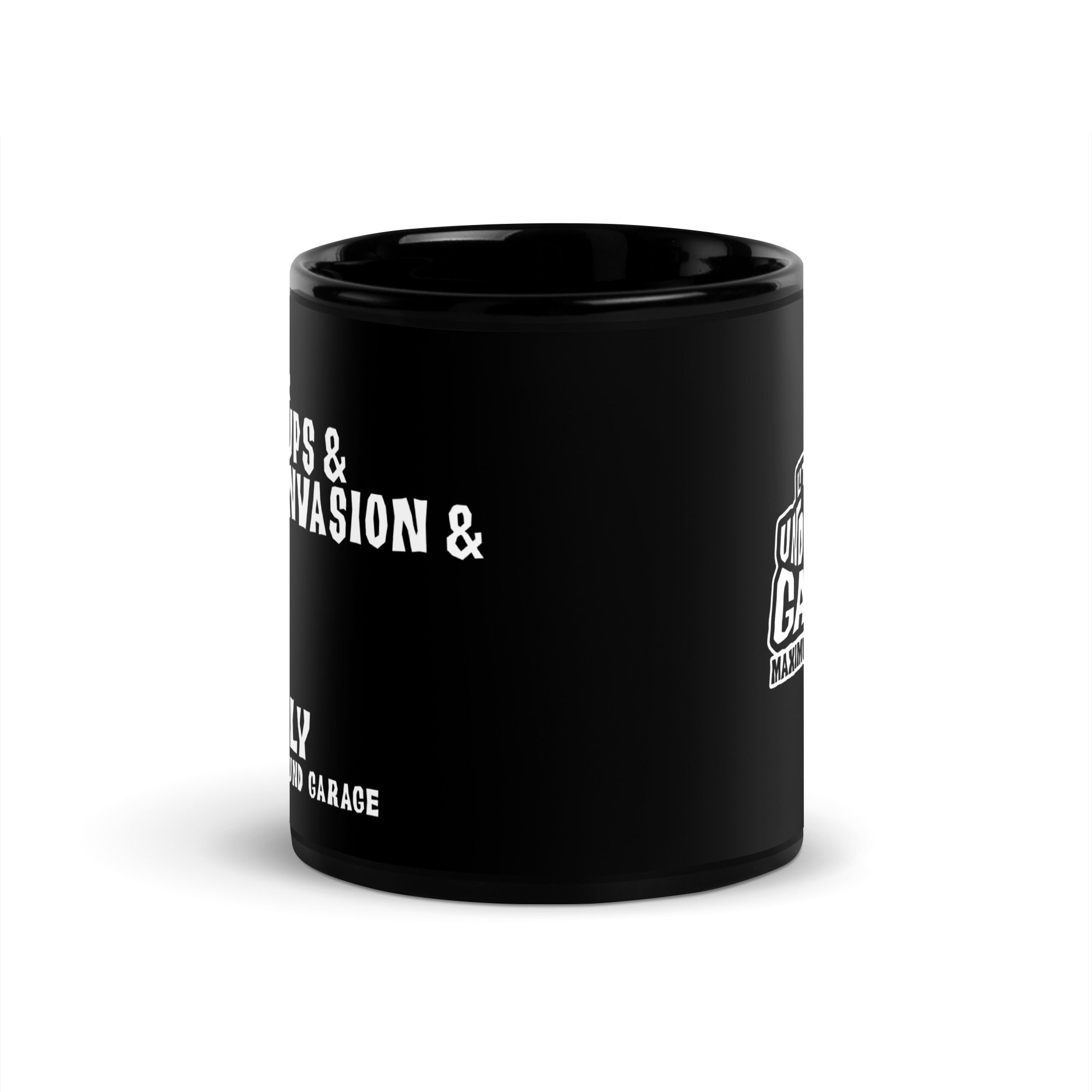 Black mug with white text and graphics on opposite sides.