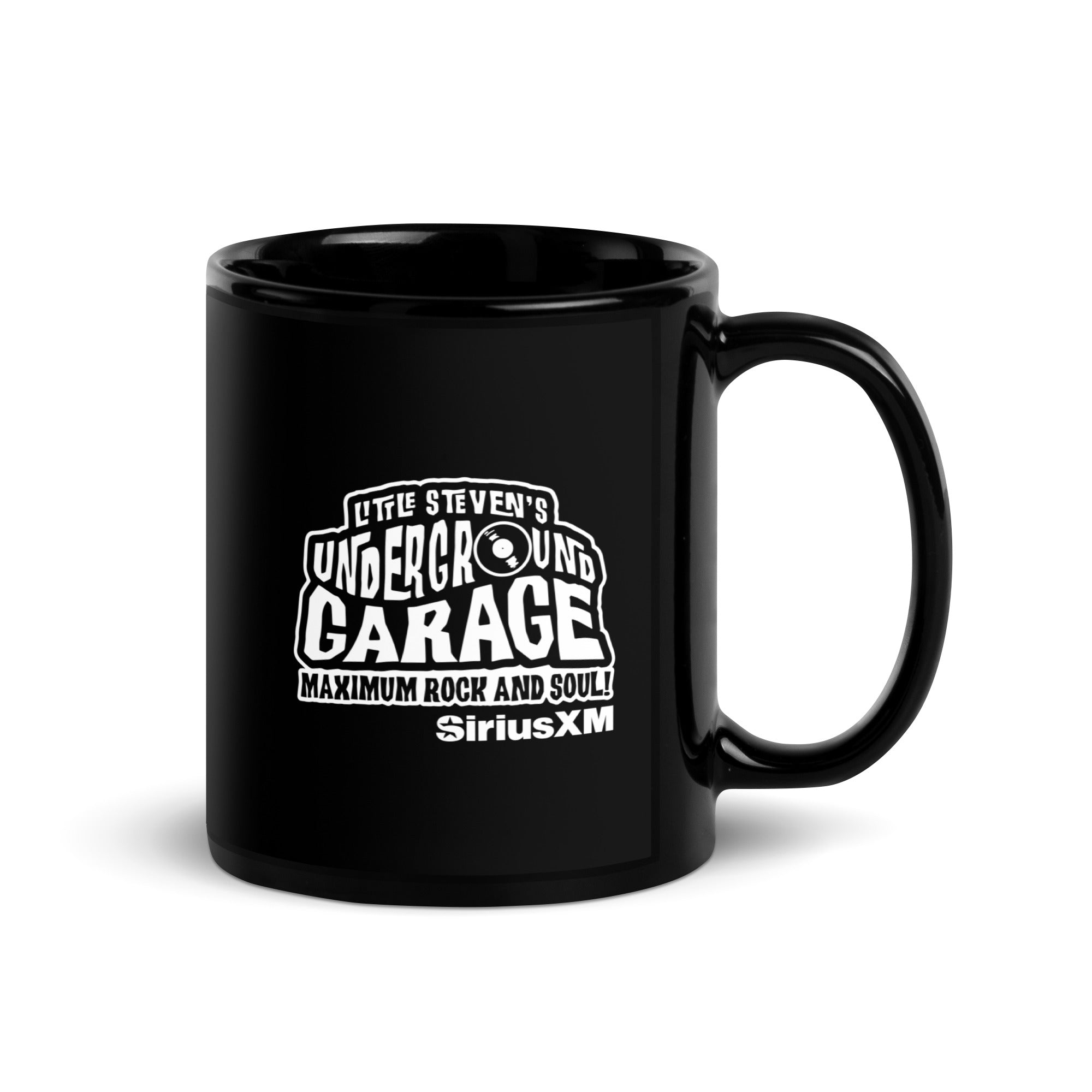 Black mug with 'LITTLE STEVEN'S UNDERGROUND GARAGE MAXIMUM ROCK AND SOUL! SIRIUSXM' logo in white.