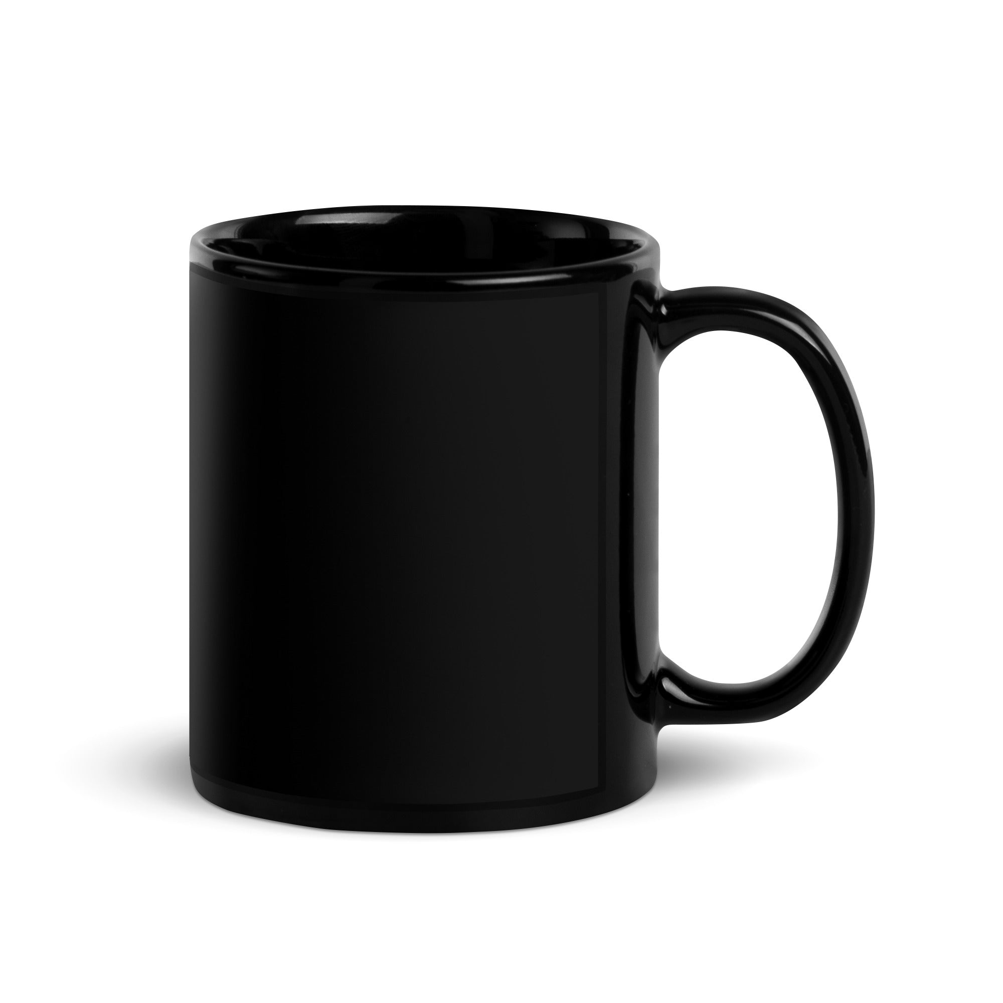 Plain backside of black glossy mug with handle on the right side, on a white background. 