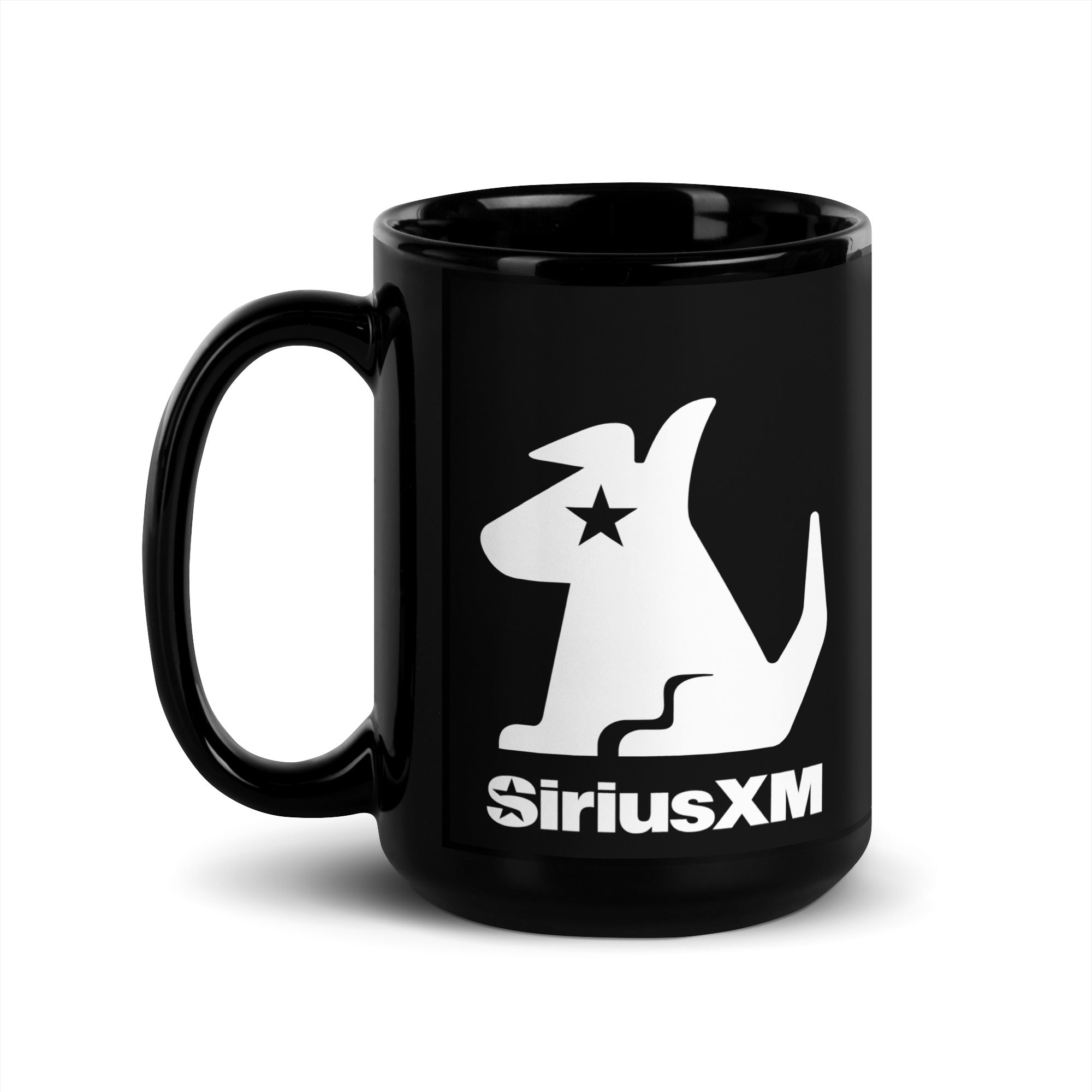 Black mug featuring a white 'SiriusXM' logo with a stylized dog silhouette and star.