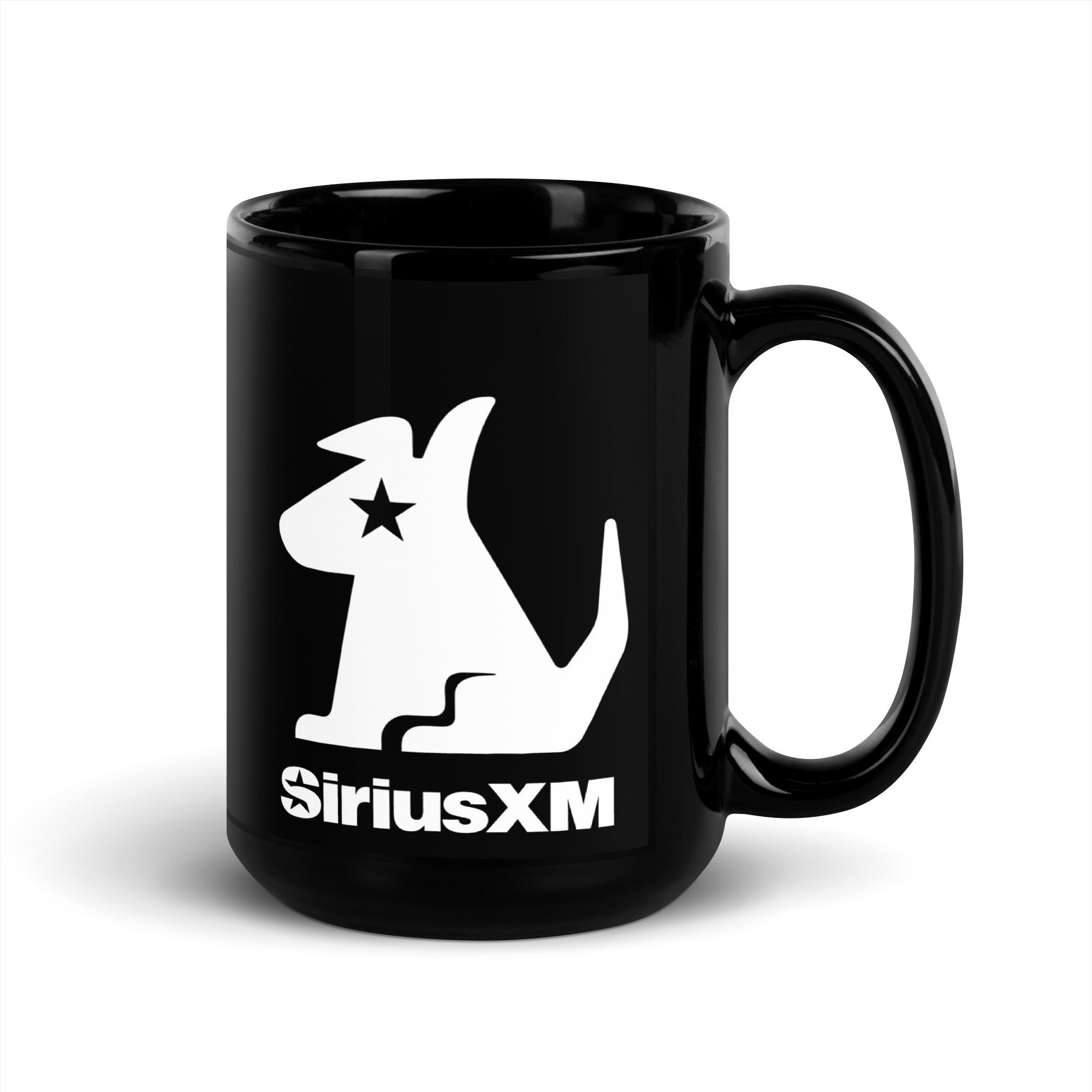 Black mug featuring a white silhouette of a dog with a star, labeled 'SiriusXM.'