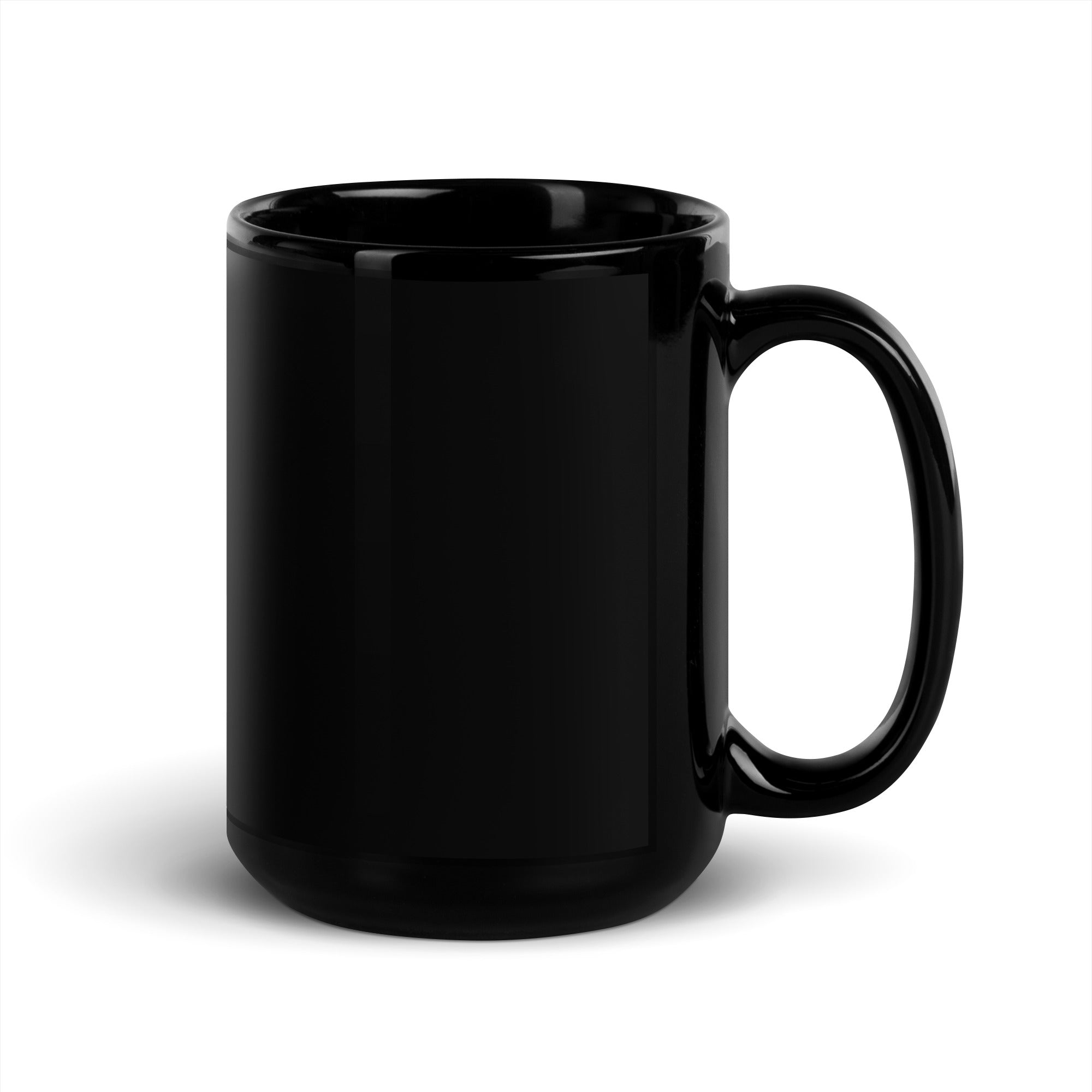 Backside of black ceramic mug.