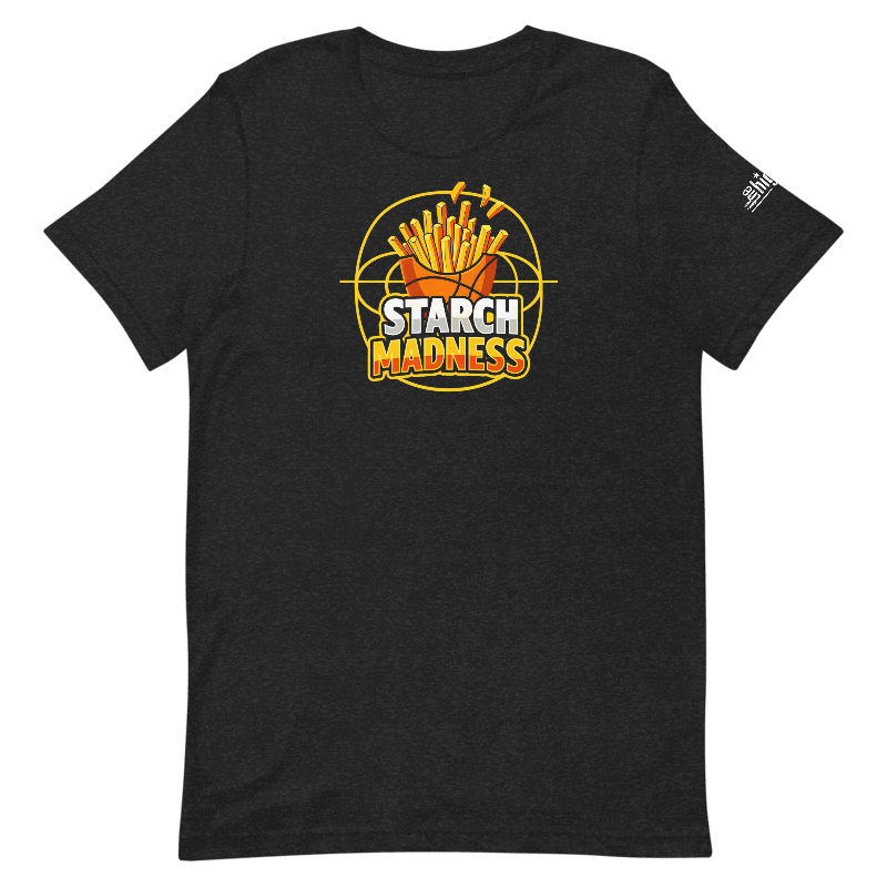 A black heather t-shirt with the 'Starch Madness' design printed on the front. The shirt has a classic crew neck, short sleeves, and a soft fabric texture.