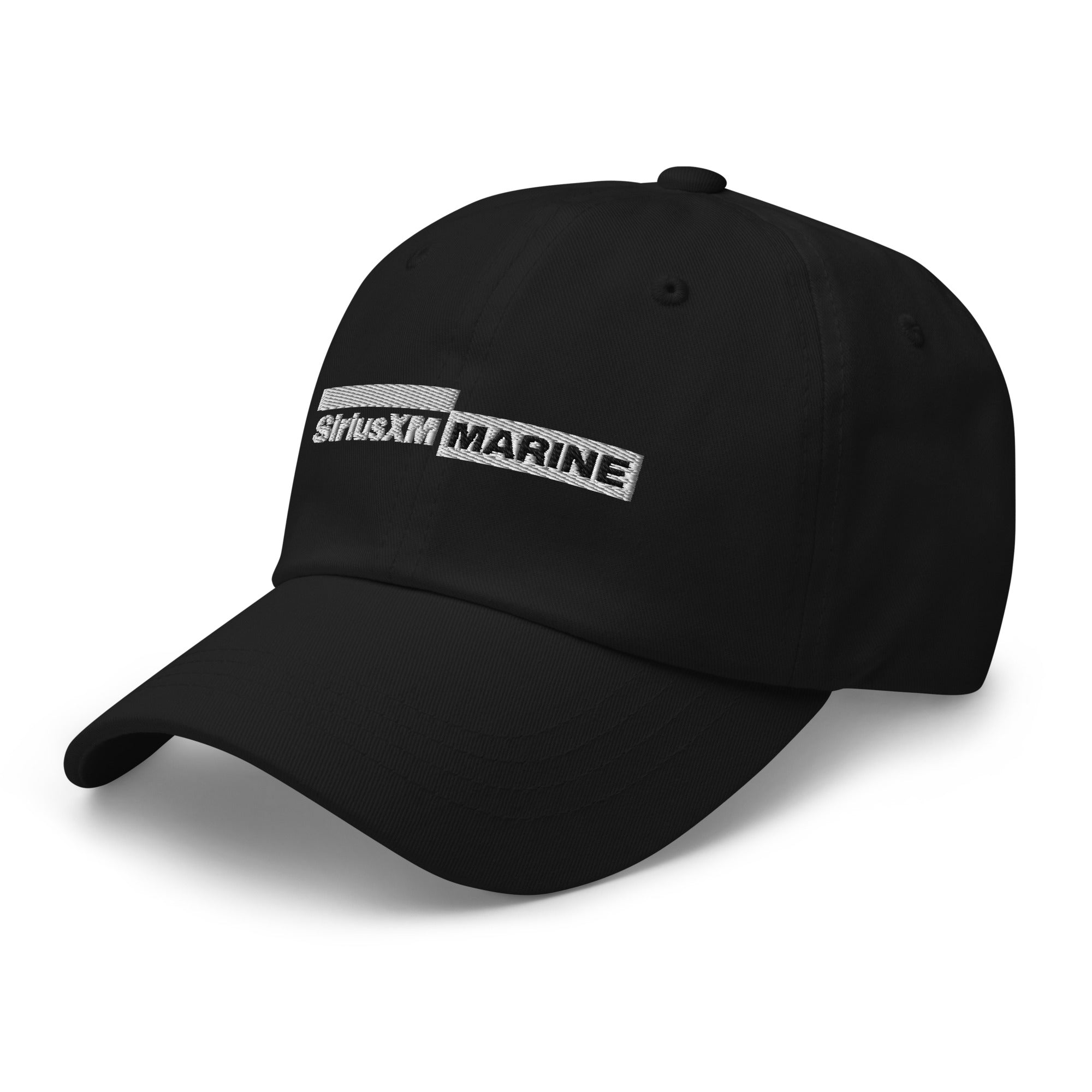 Black baseball cap featuring 'siriusXM MARINE' logo embroidered in white on the front.