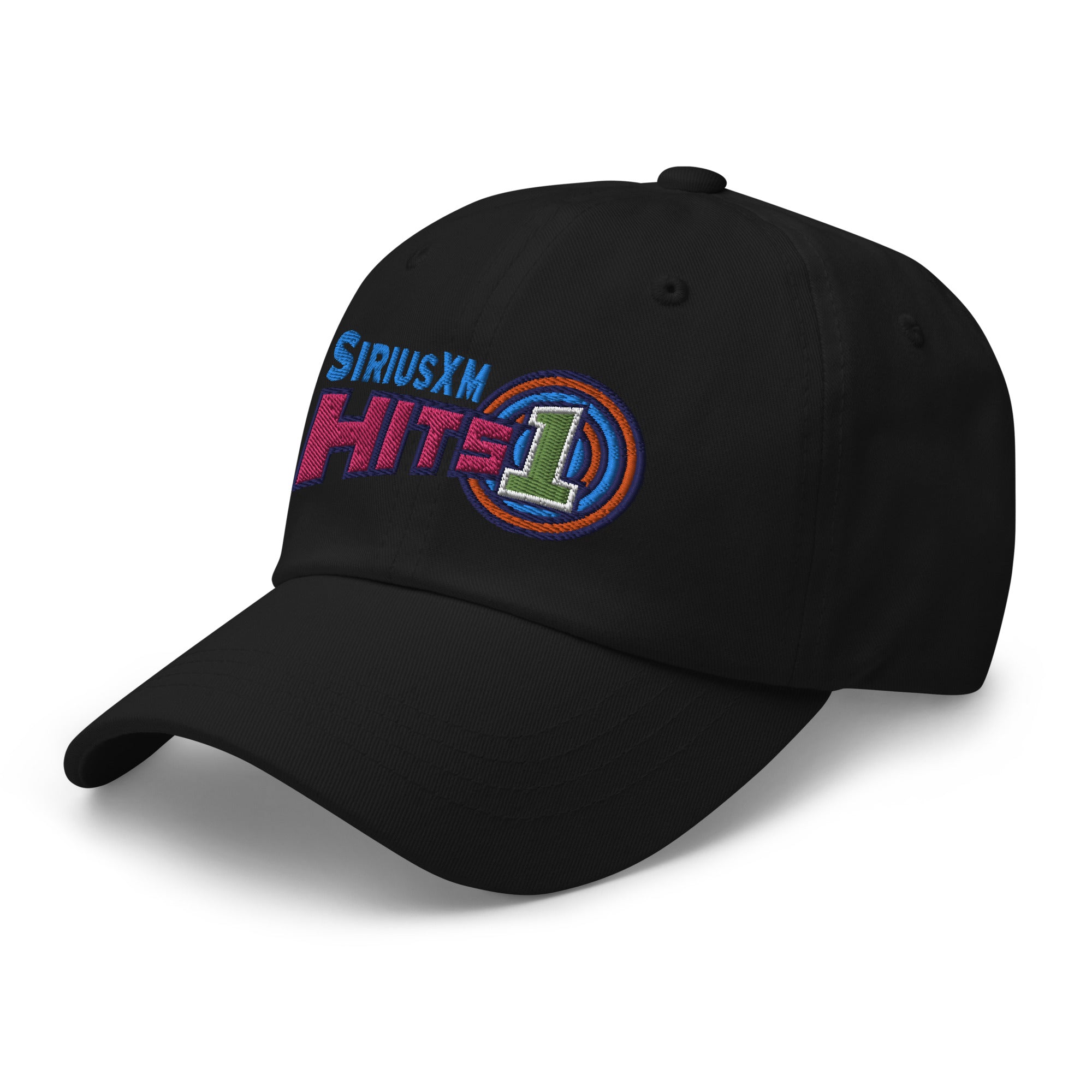 Black cap with colorful embroidered 'SiriusXM Hits 1' logo on the front. Colors include blue, pink, line green and orange.