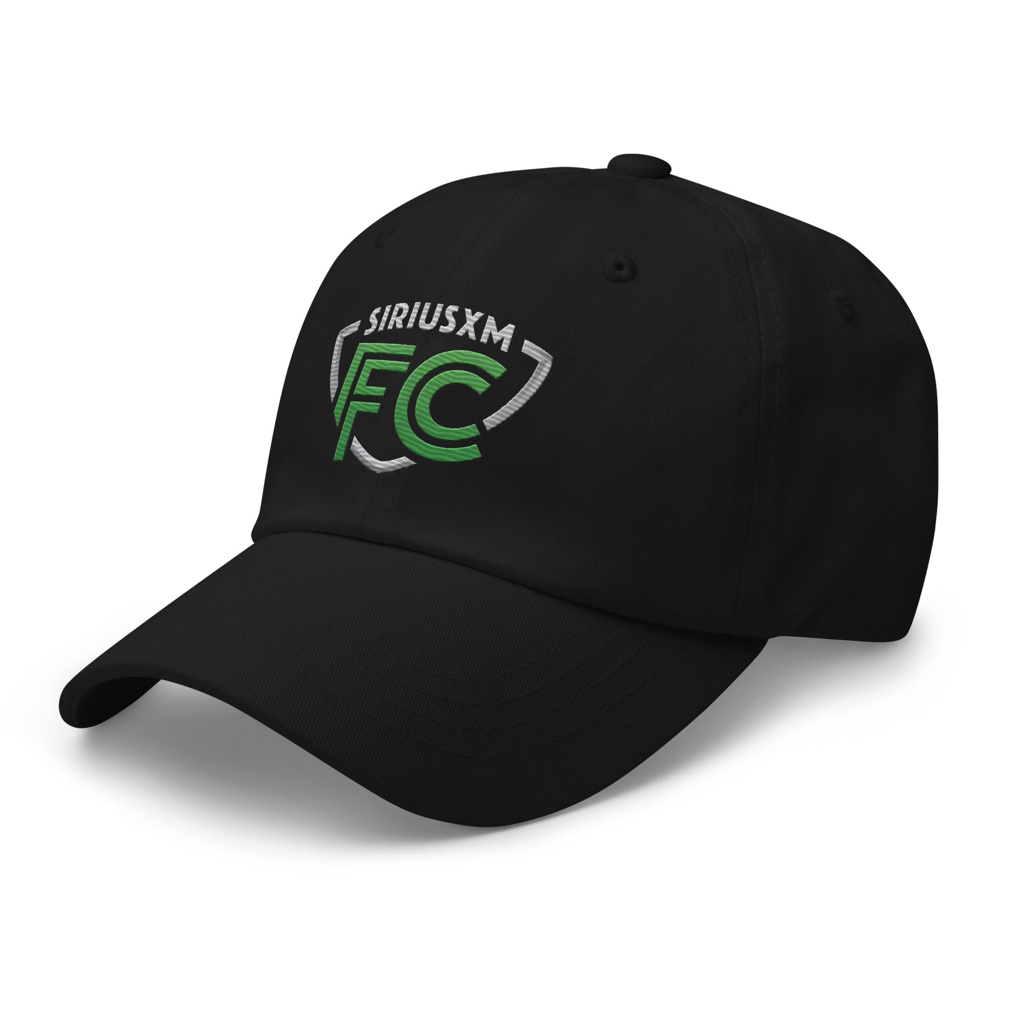 Black cap featuring SiriusXM FC logo in green and grey embroidery.