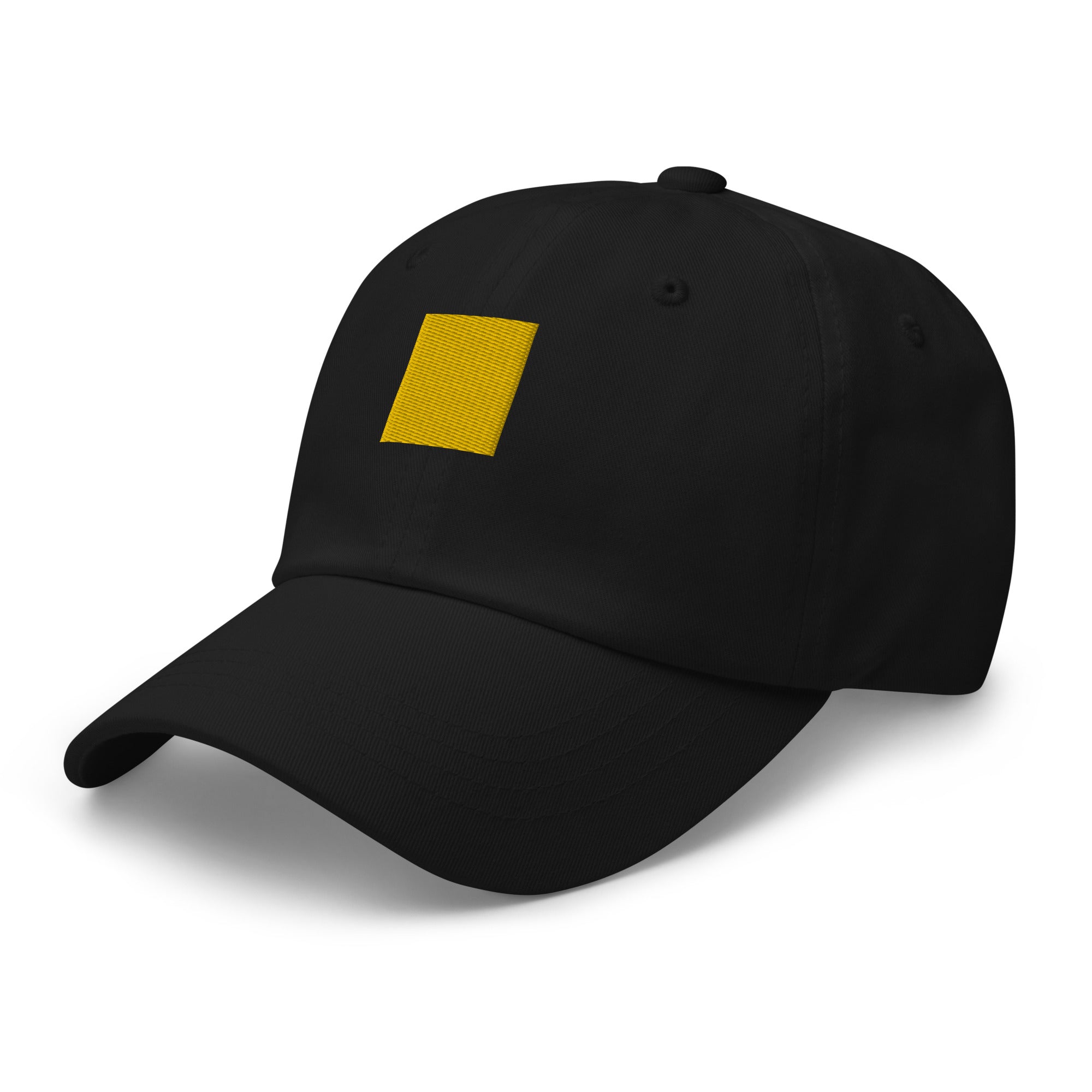 Black baseball cap with a solid yellow square on the front.