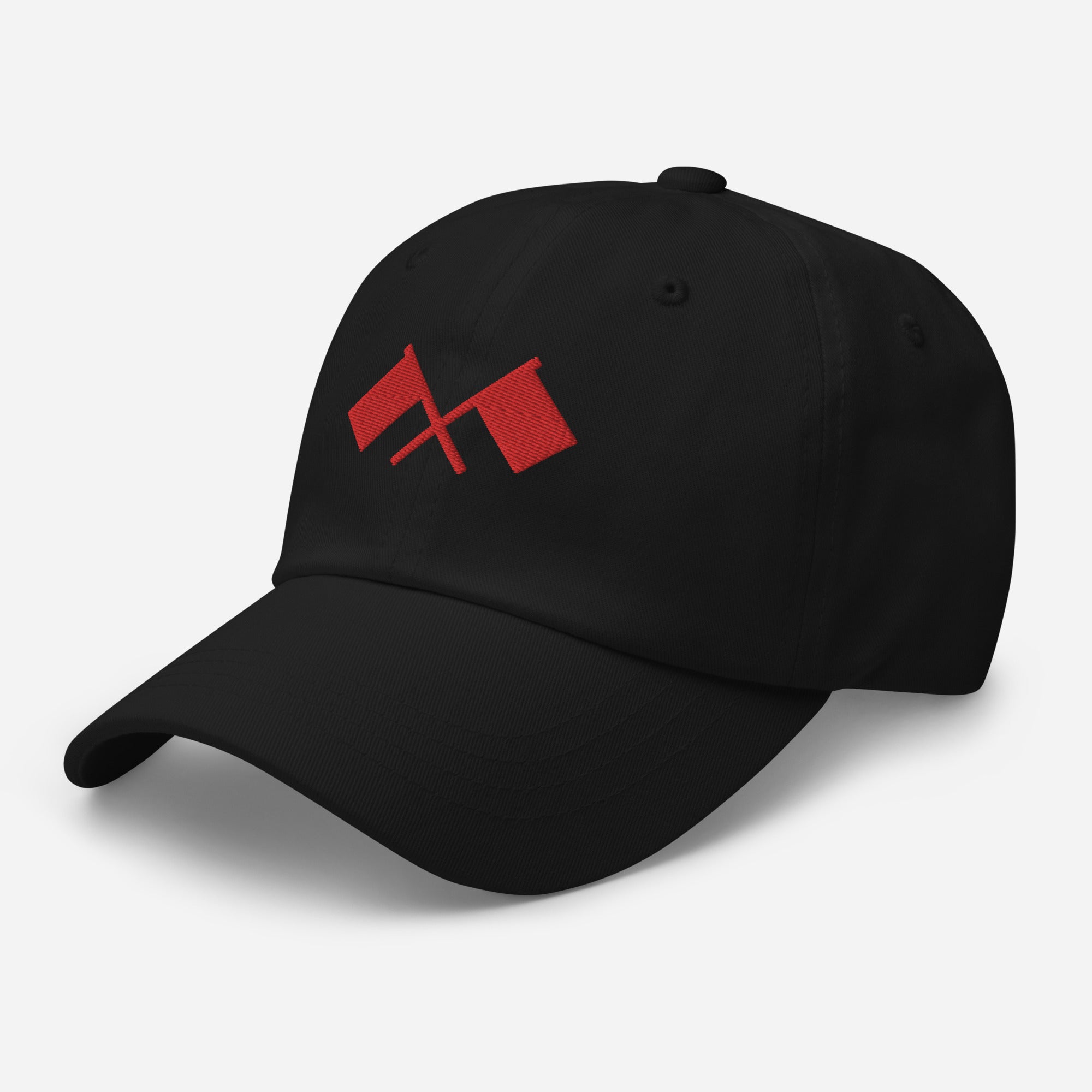 Front side view of baseball cap with a red crossed flags.