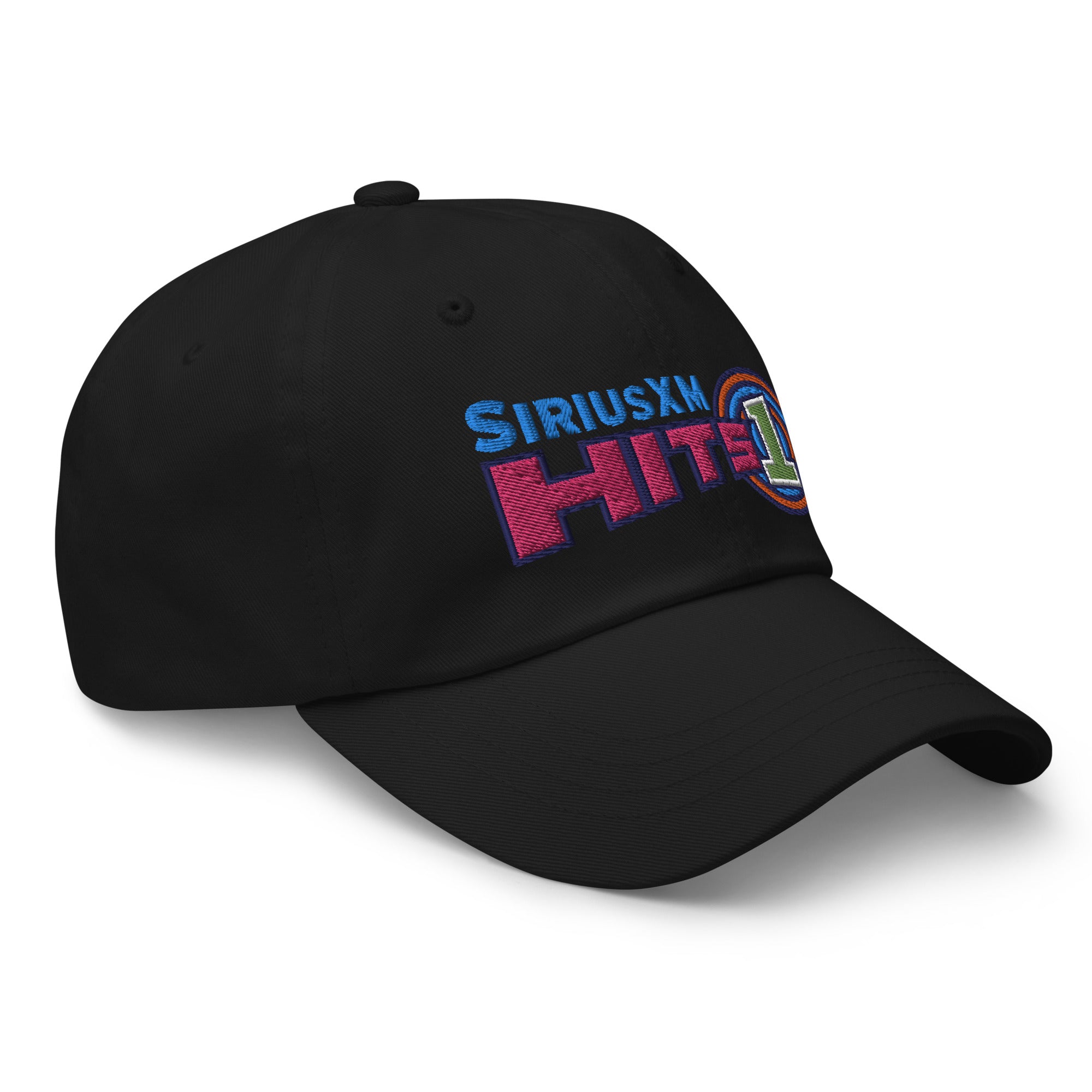 Black cap with colorful embroidered 'SiriusXM Hits 1' logo on the front. Colors include blue, pink, line green and orange.