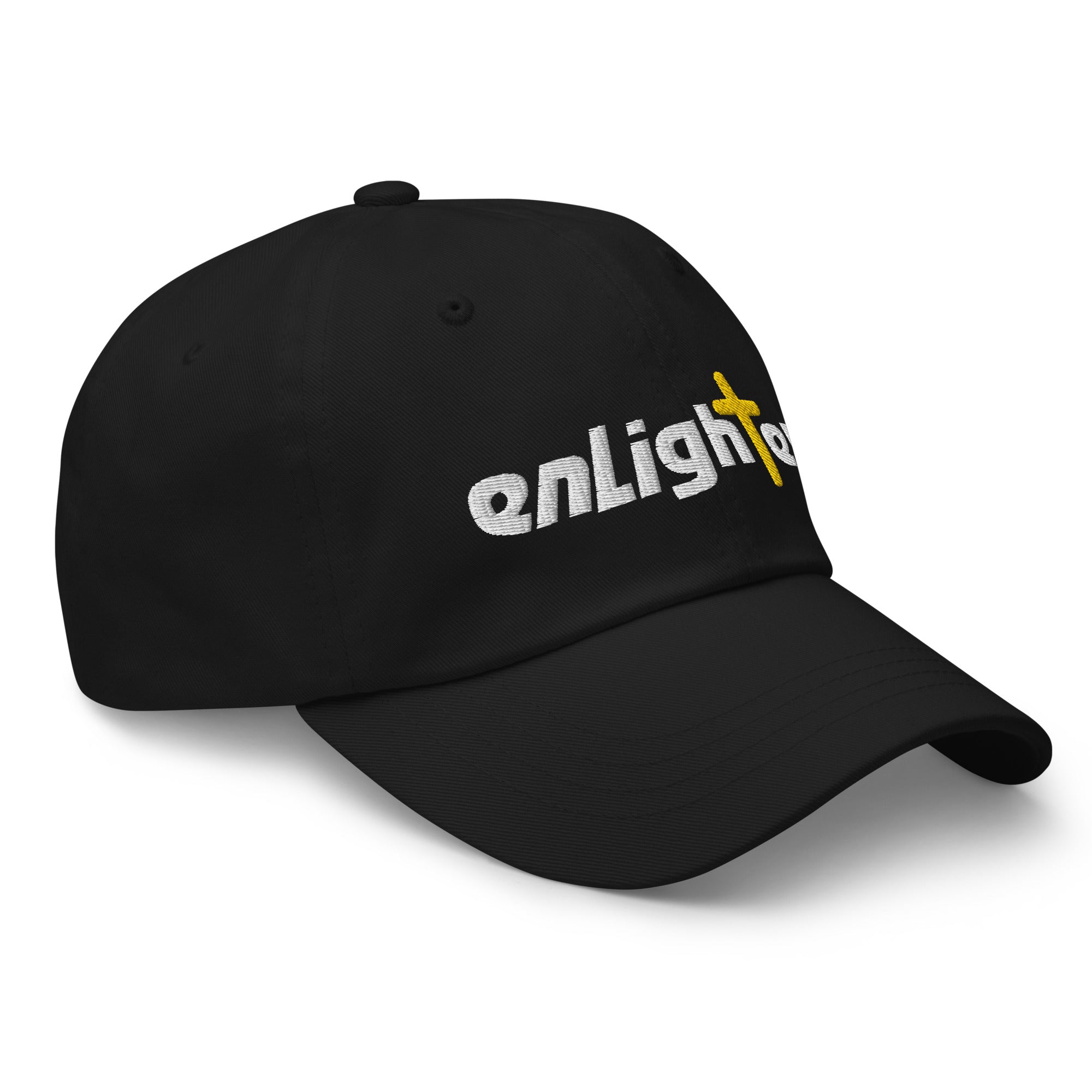 Black baseball cap with the word 'enLight' in white and a yellow cross logo.