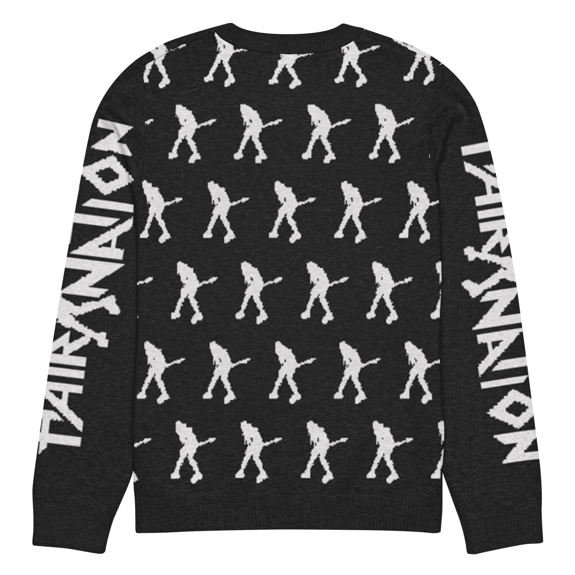 Back of black sweater with an all-over white print featuring a figure playing guitar and the text 'HAIR NATION' on both sleeves.