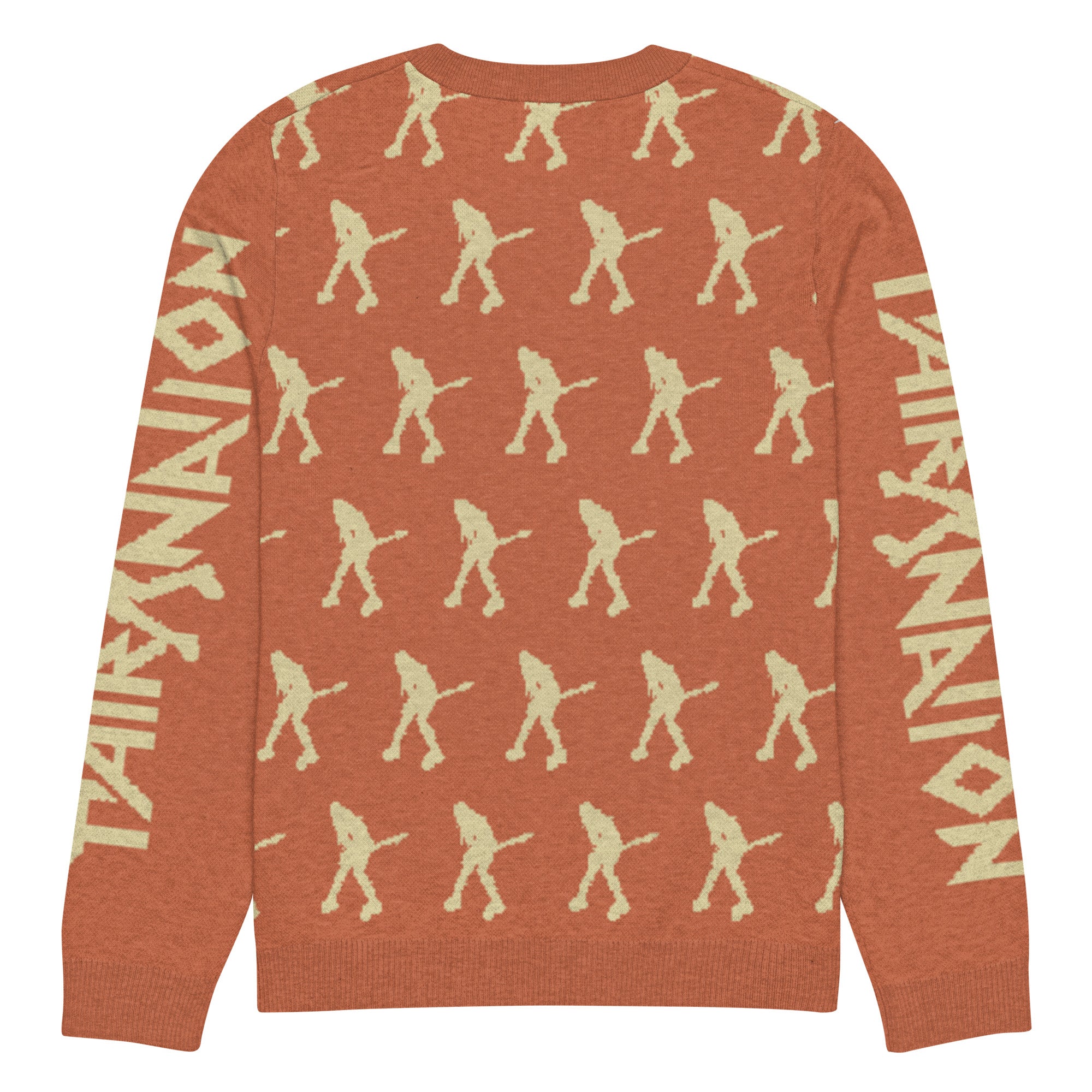 Back of burnt orange sweater featuring a repetitive pattern of silhouetted figures playing guitars with the text 'HAIR NATION' on both sleeves.