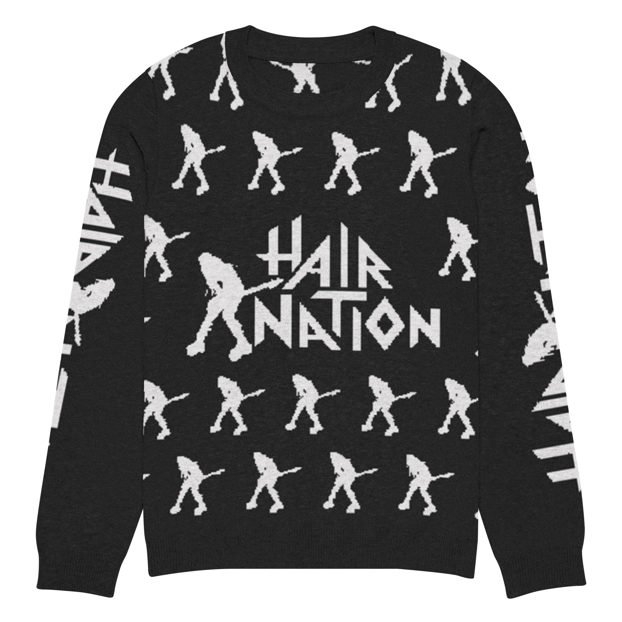 Front of black sweater with an all-over white print featuring a figure playing guitar and the text 'HAIR NATION' in the center and both sleeves.