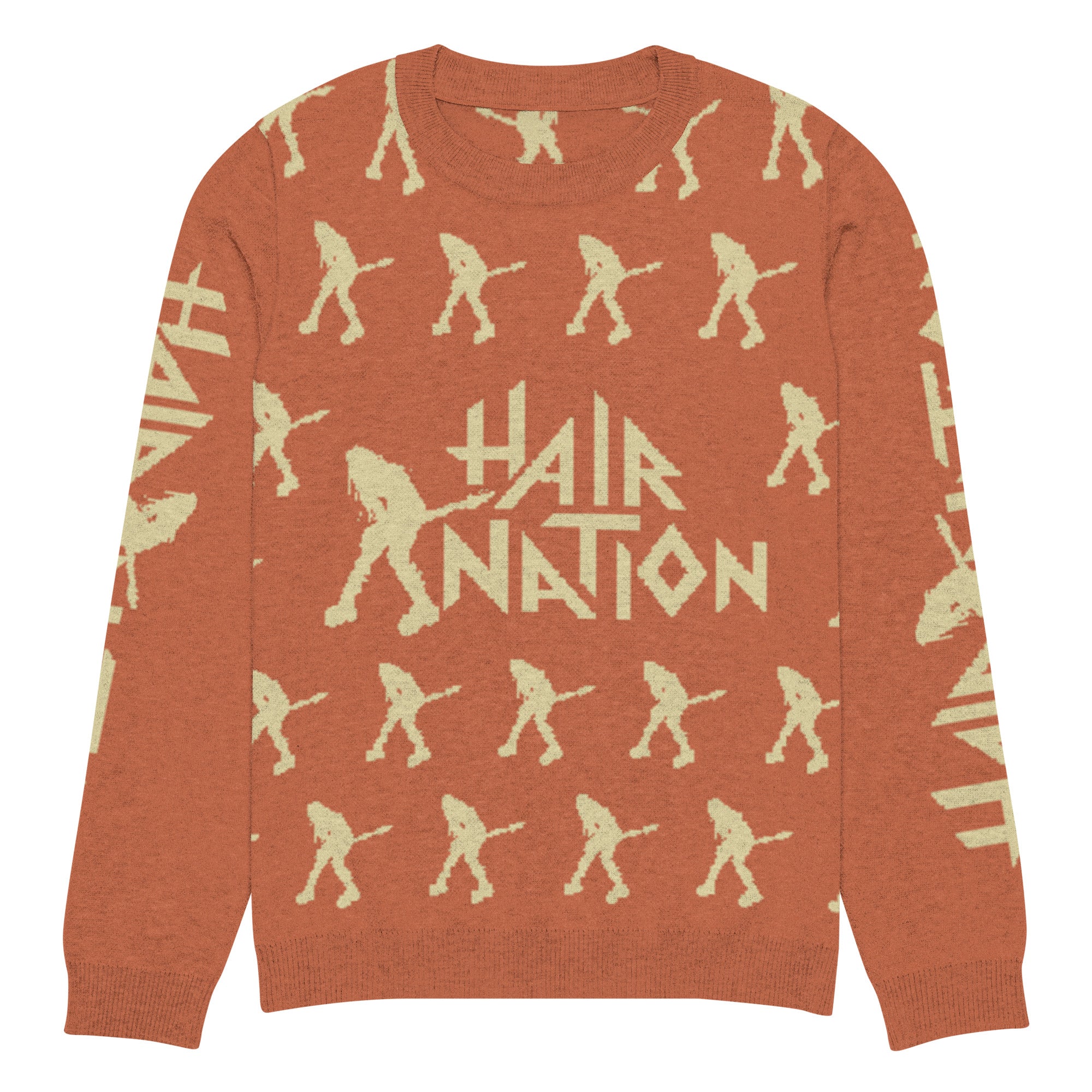 Burnt orange sweater with an all-over yellow print featuring a figure playing guitar and the yellow text 'HAIR NATION' in the center and both sleeves.