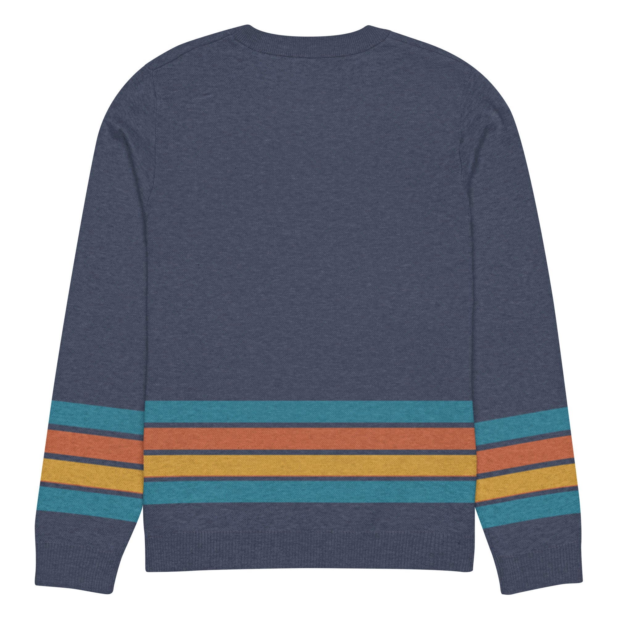 Back view of a navy blue sweater featuring colorful horizontal stripes in blue, orange, yellow, and blue (repeated) across the lower part of the garment and sleeves.