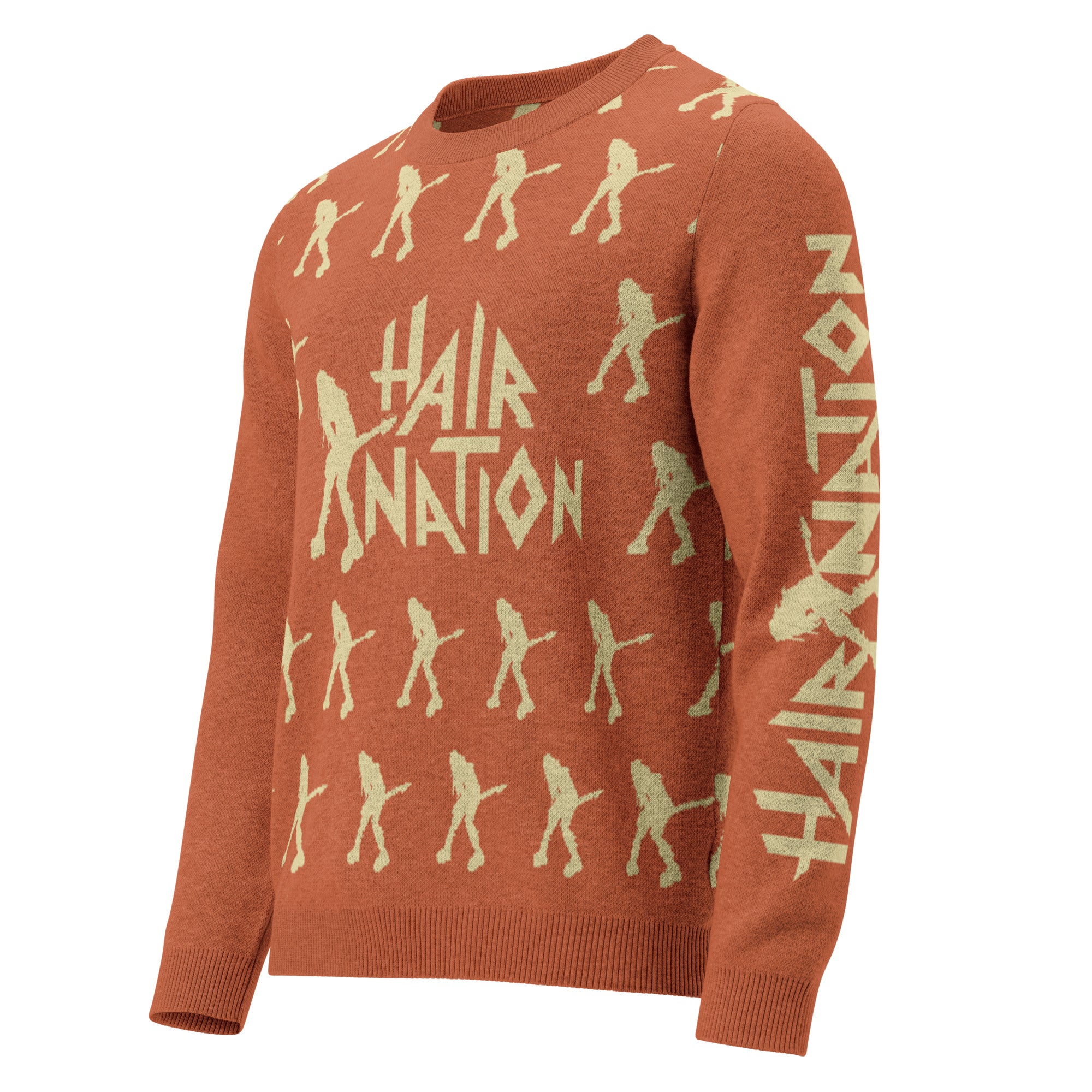 Front of orange sweater featuring a repeated pattern of silhouetted rock guitarists and the text 'HAIR NATION' in yellow in the center and on the sleeve.