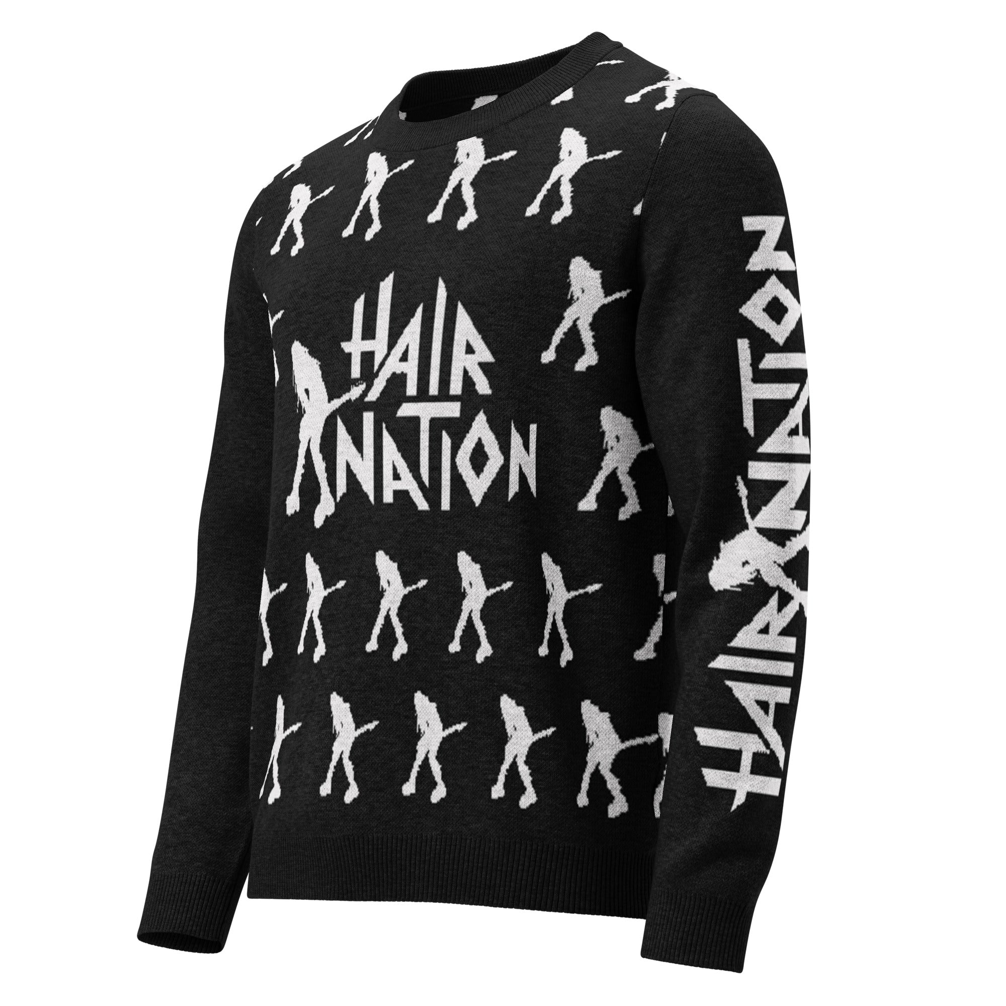 Front side view of black sweater with an all-over white print of guitarists and the text 'HAIR NATION' in the center and on sleeves.