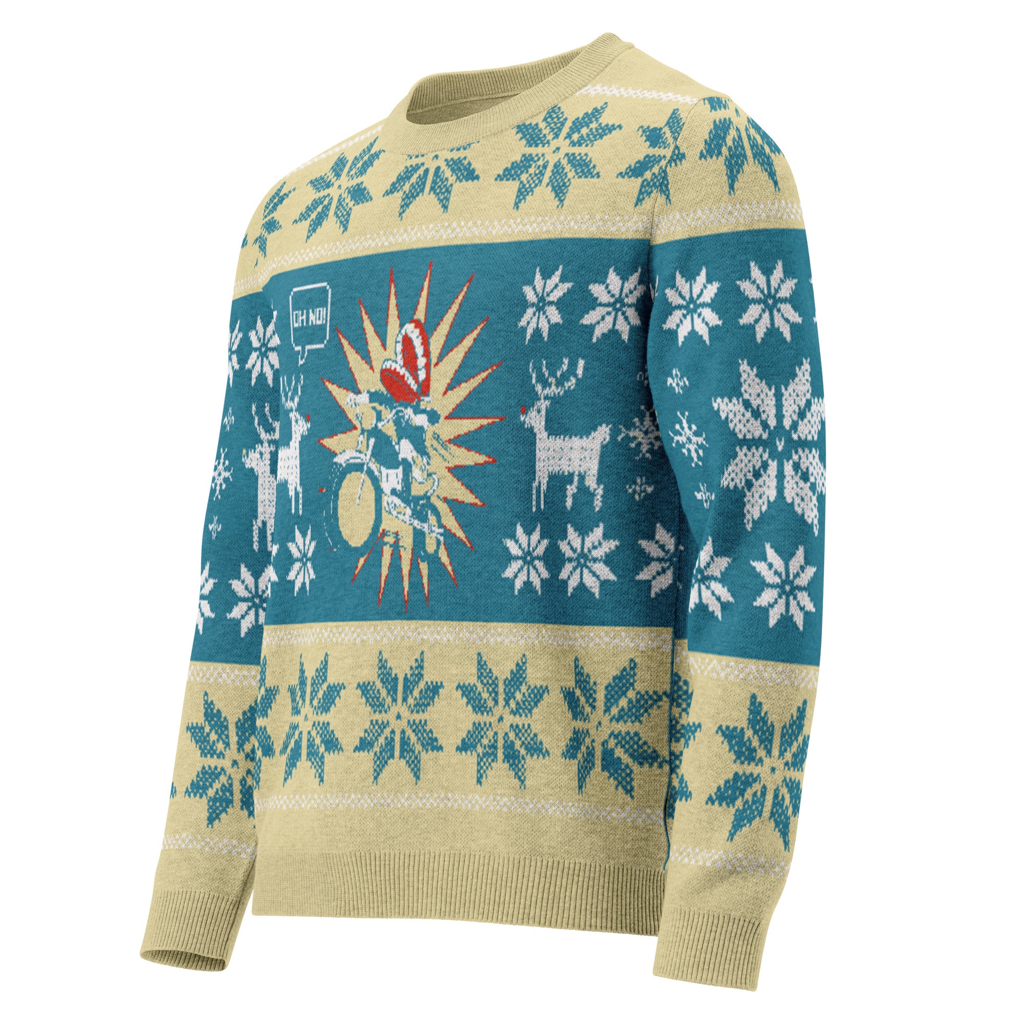 A festive sweater featuring a colorful design with reindeer, snowflakes, and a central graphic of Motormouth on a motorcycle, surrounded by decorative elements in teal, yellow, and red.