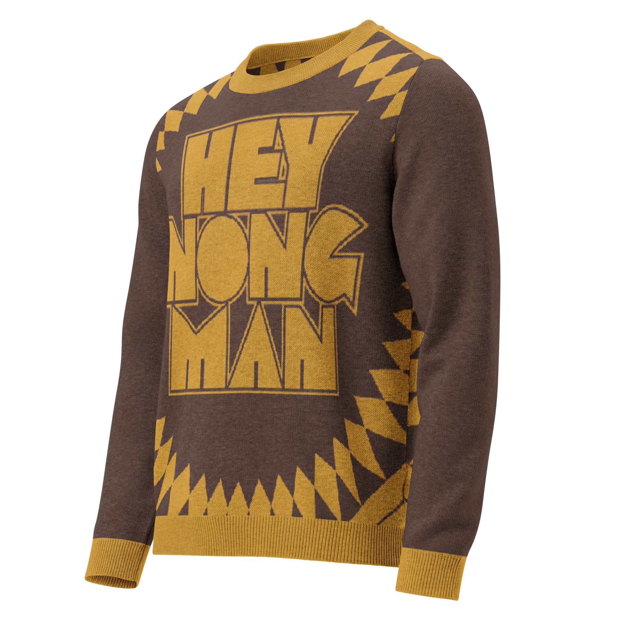 A brown sweater with gold geometric patterns and the text 'HEY NONG MAN' prominently displayed on the front.