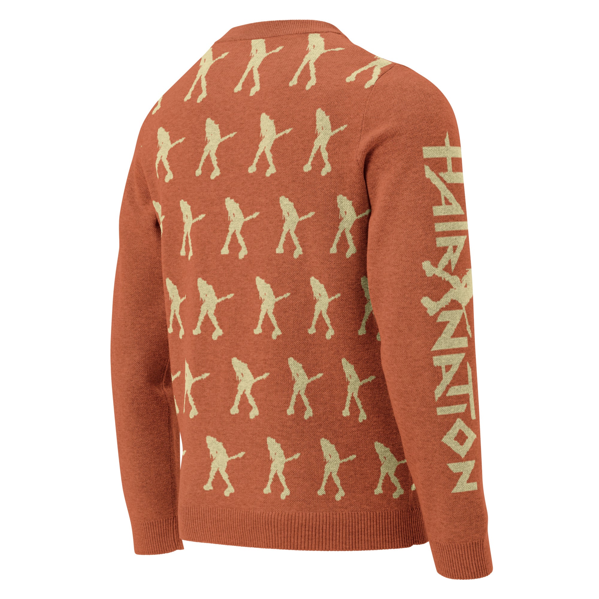 Back of orange sweater featuring a repeated graphic of a musician playing guitar and the text 'HAIR NATION' on the sleeve.