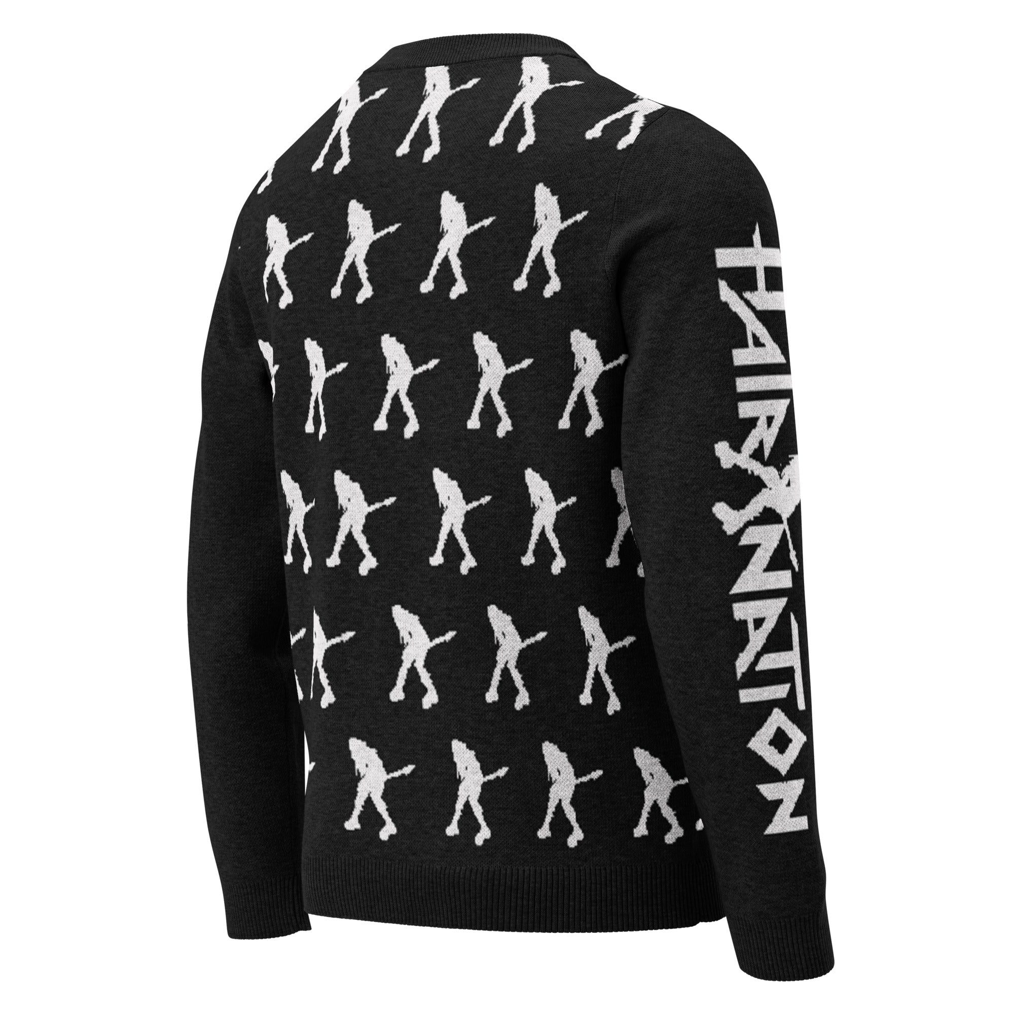 A black sweater featuring repeated white silhouettes of a guitarist and the text 'HAIR NATION' on the sleeve.