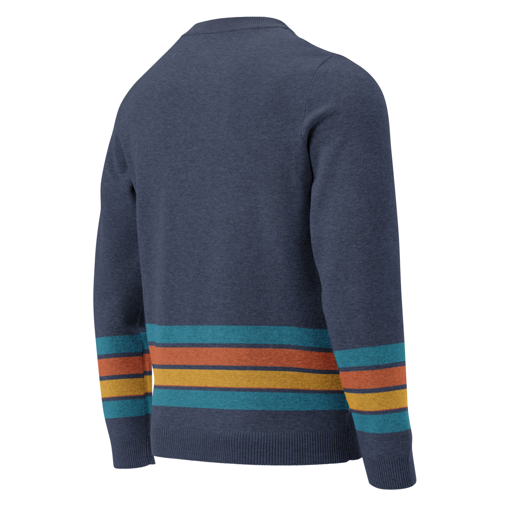 Back of men's navy sweater with multicolored horizontal stripes at the bottom. Stripes are in blue, orange, yellow and blue.