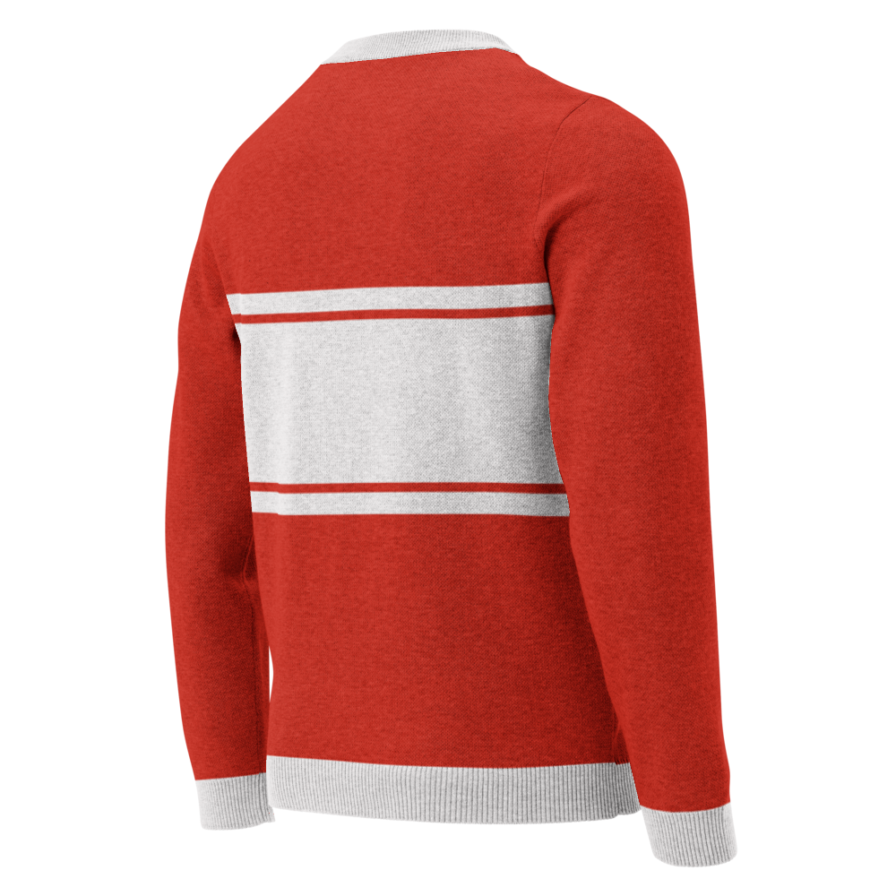 Red sweater with gray accents featuring two horizontal grey stripes on the back.