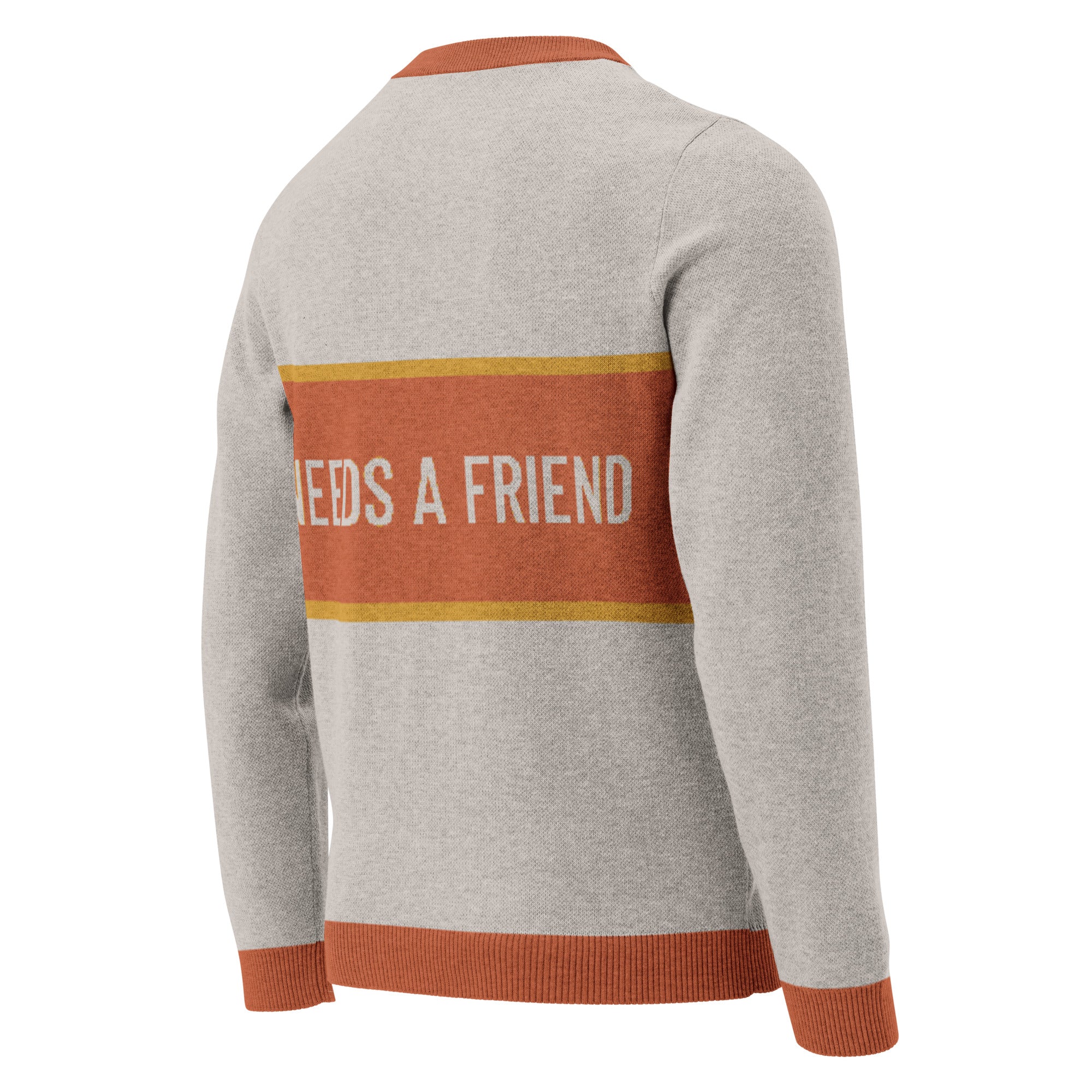 Back of sand colored sweater with the text 'NEEDS A FRIEND' against an orange stripe with a yellow border