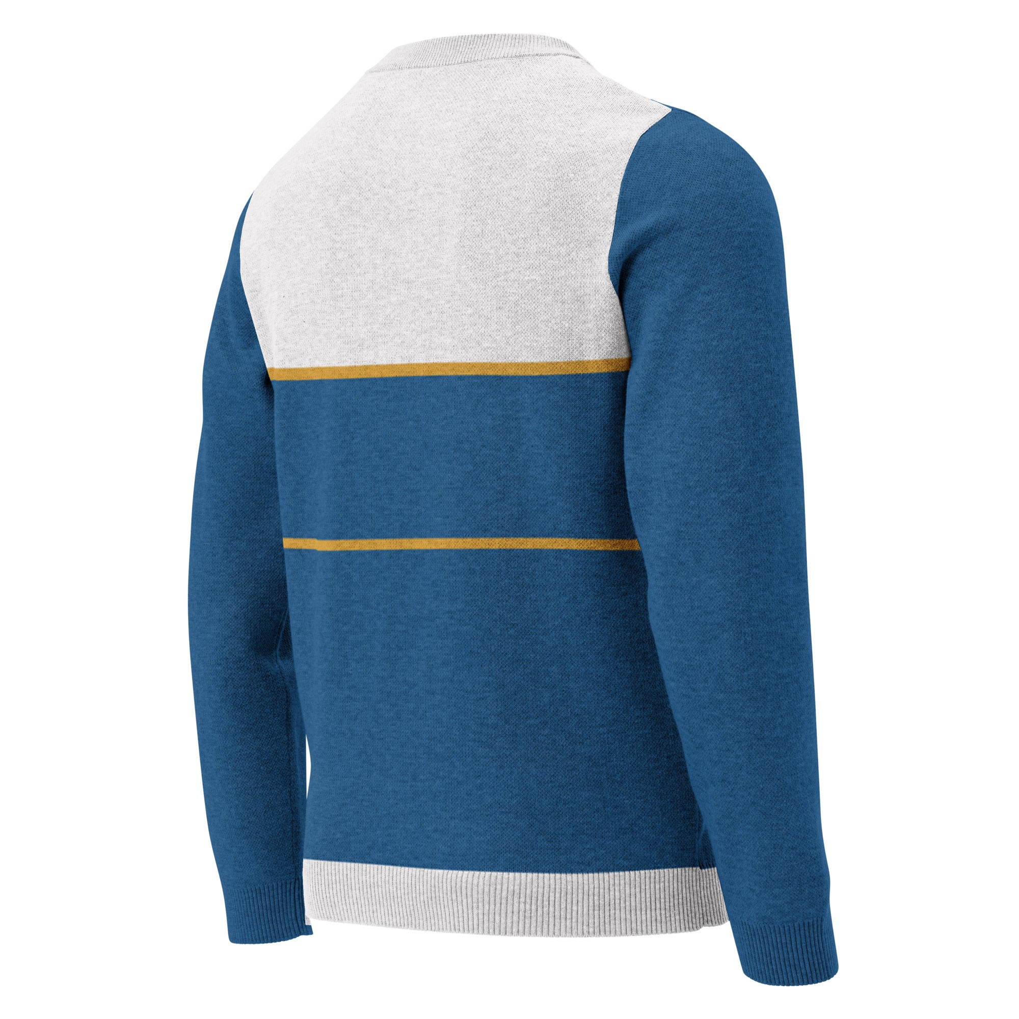 Back of blue sweater with horizontal yellow stripes and grey hems and central collar section.