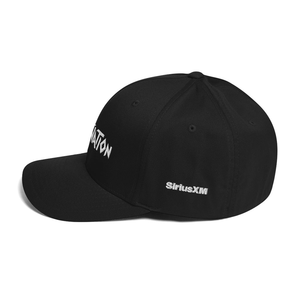 Black baseball cap featuring the word  'SiriusXM' on the side. Side view.