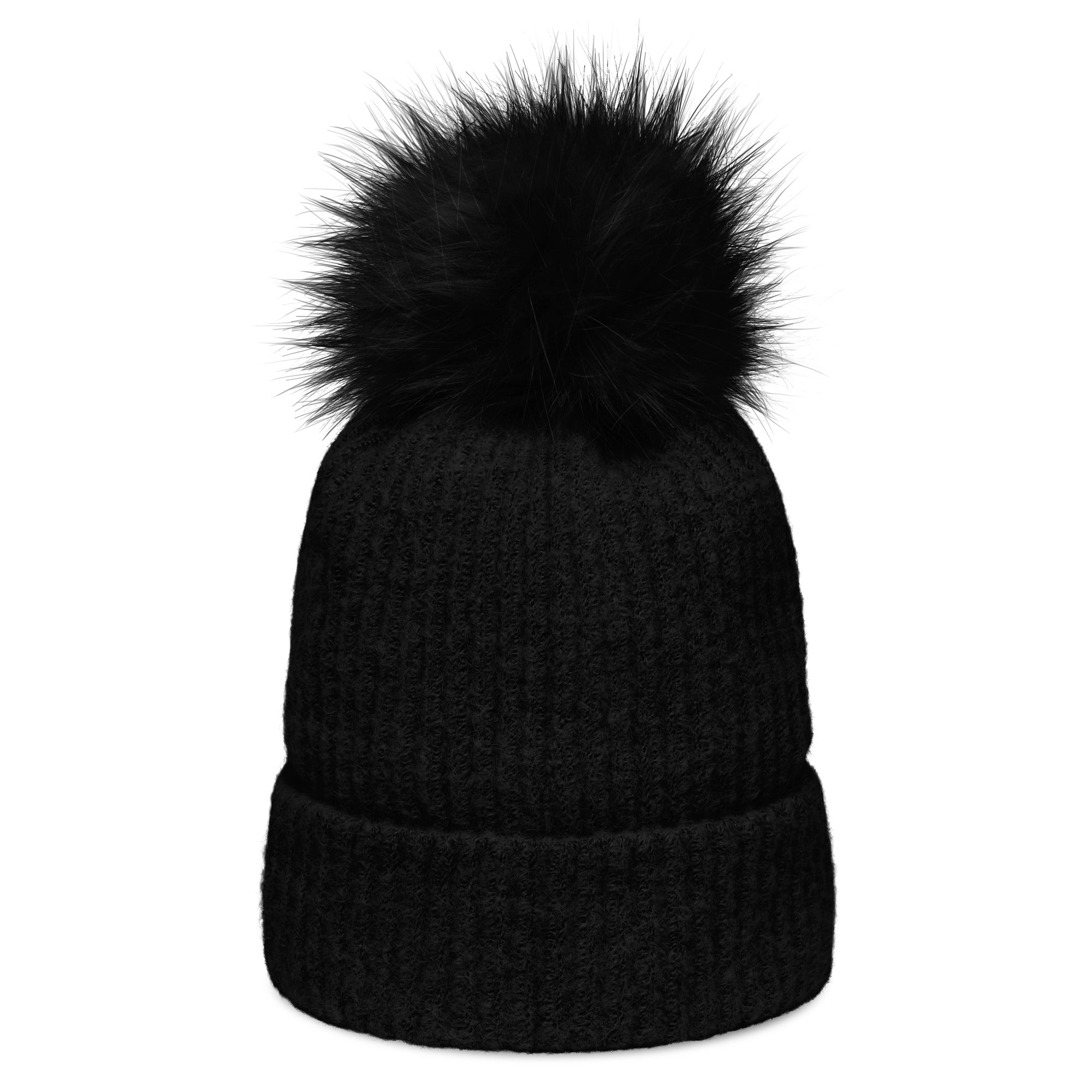 Backside of black, ribbed, cuffed beanie hat with matching, fluffy pom-pom on top against white background.