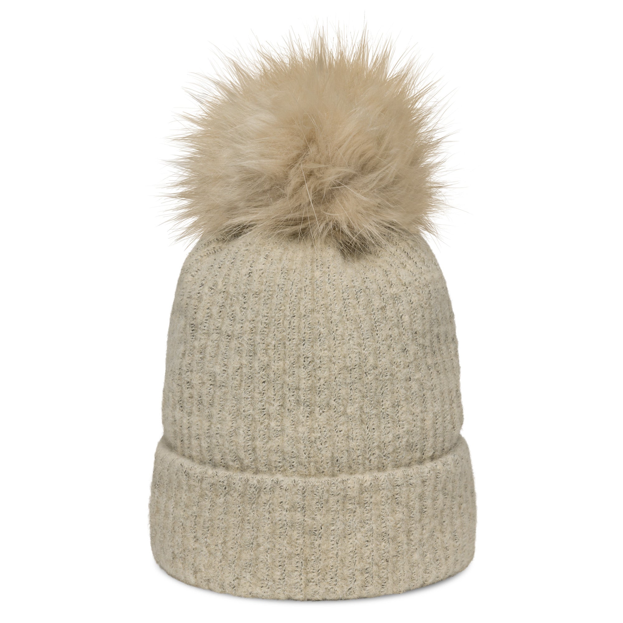 Backside of oatmeal colored ribbed beanie hat with matching, fluffy pom-pom on top against white background.