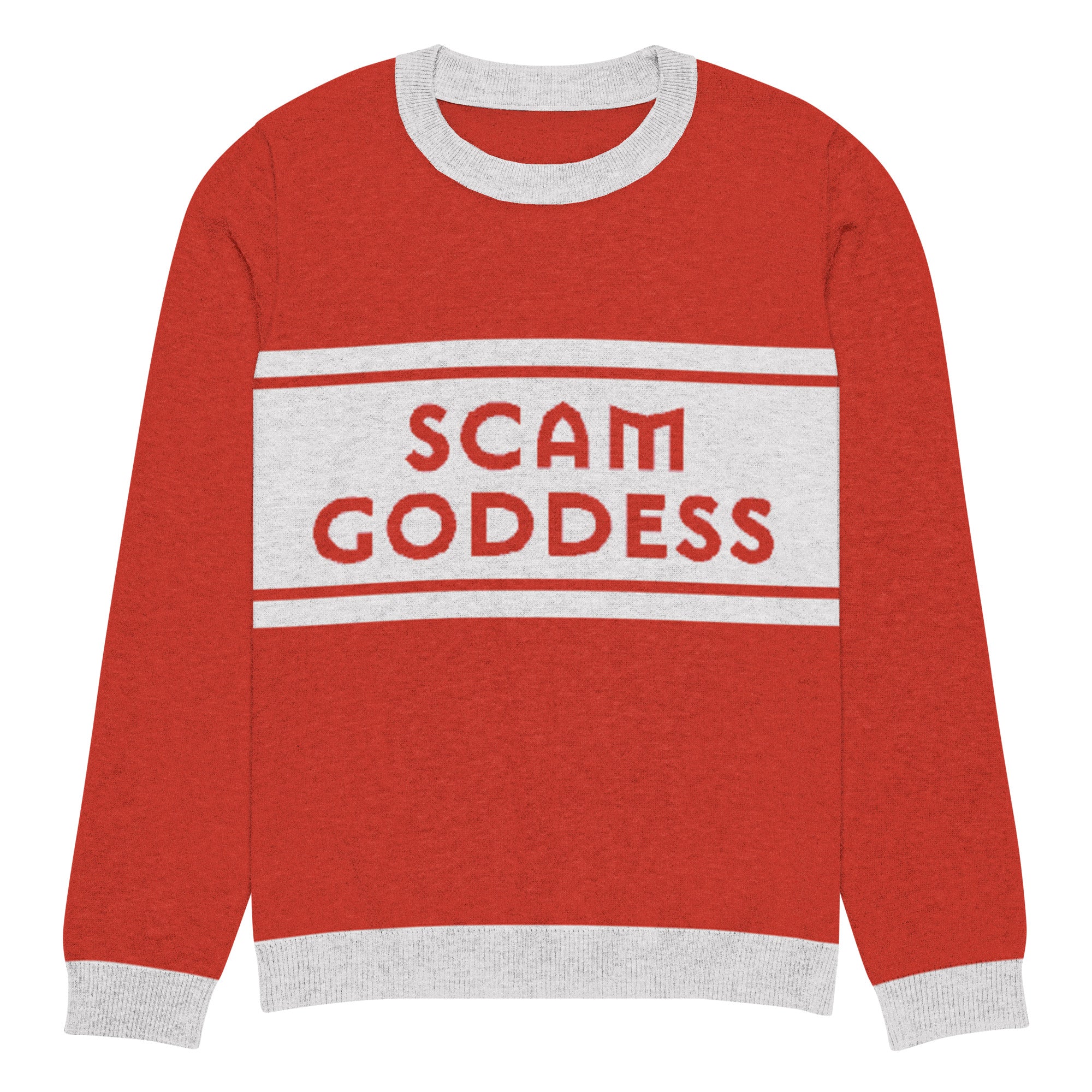 A red sweater with gray cuffs and collars featuring the text 'SCAM GODDESS' against a grey stripe on the front.