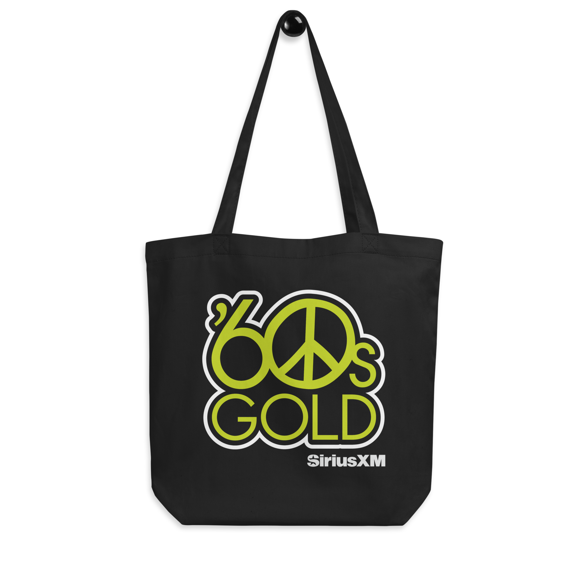 Black tote bag featuring '60s Gold' logo with peace symbol and SiriusXM branding.